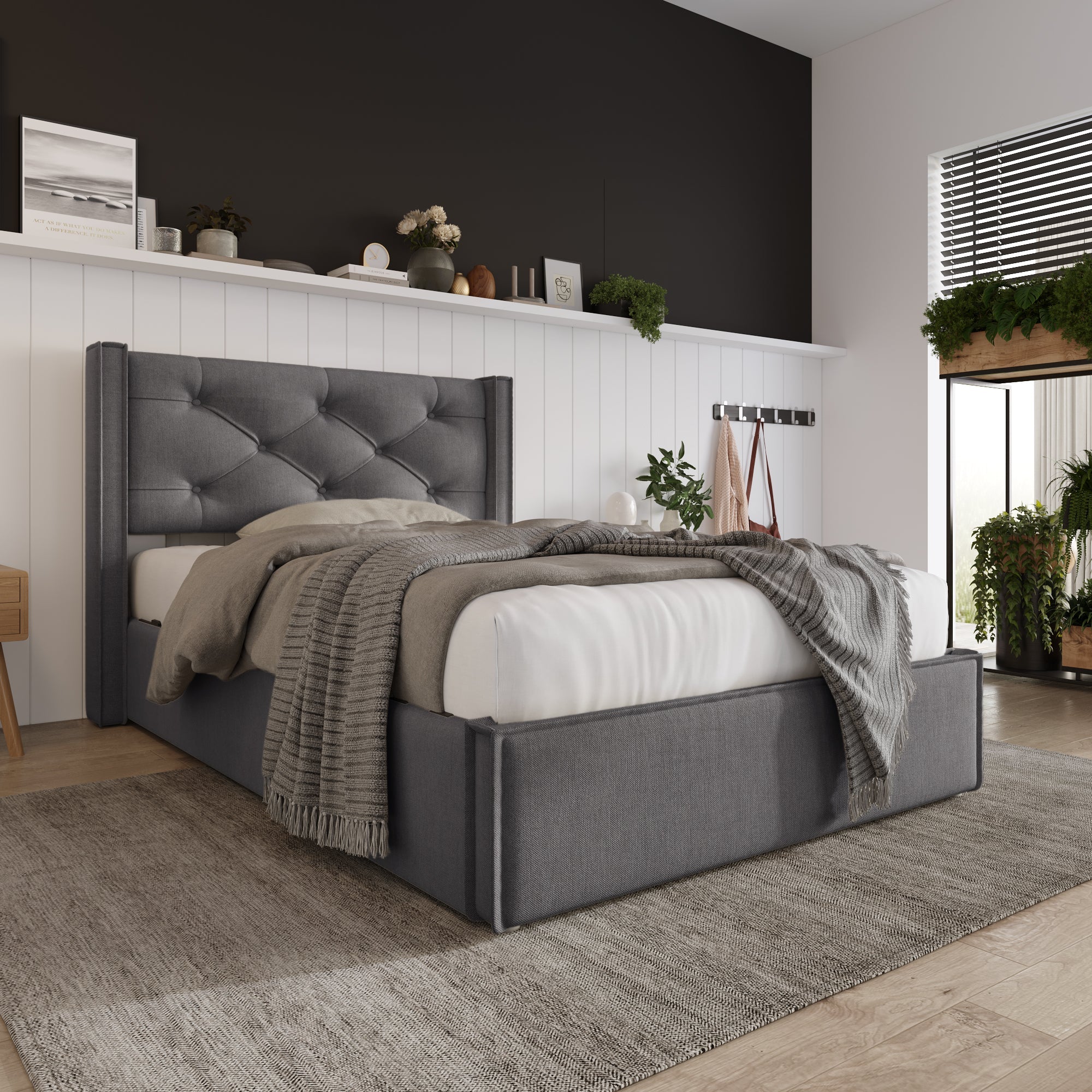 Hydraulic Bed, Single Upholstered 90x200cm, Storage, Gray Cotton - Image 3