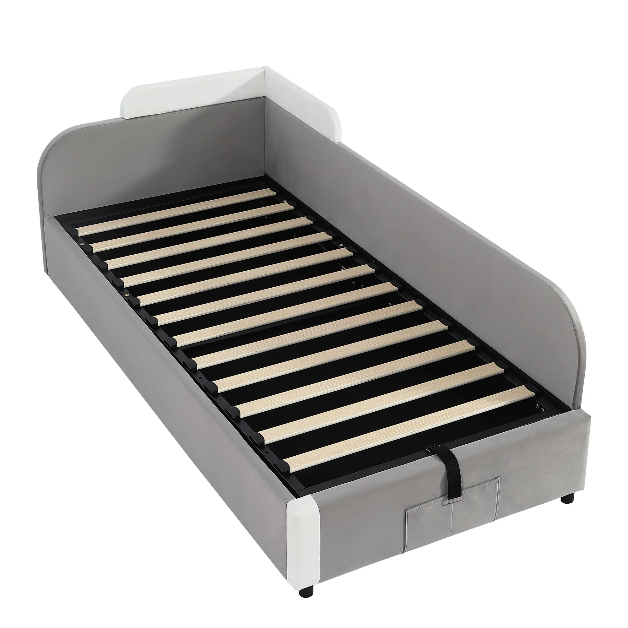 Hydraulic Bed, Storage Space, Raised Soft Fence, Velvet + Plywood, Grey - Image 10