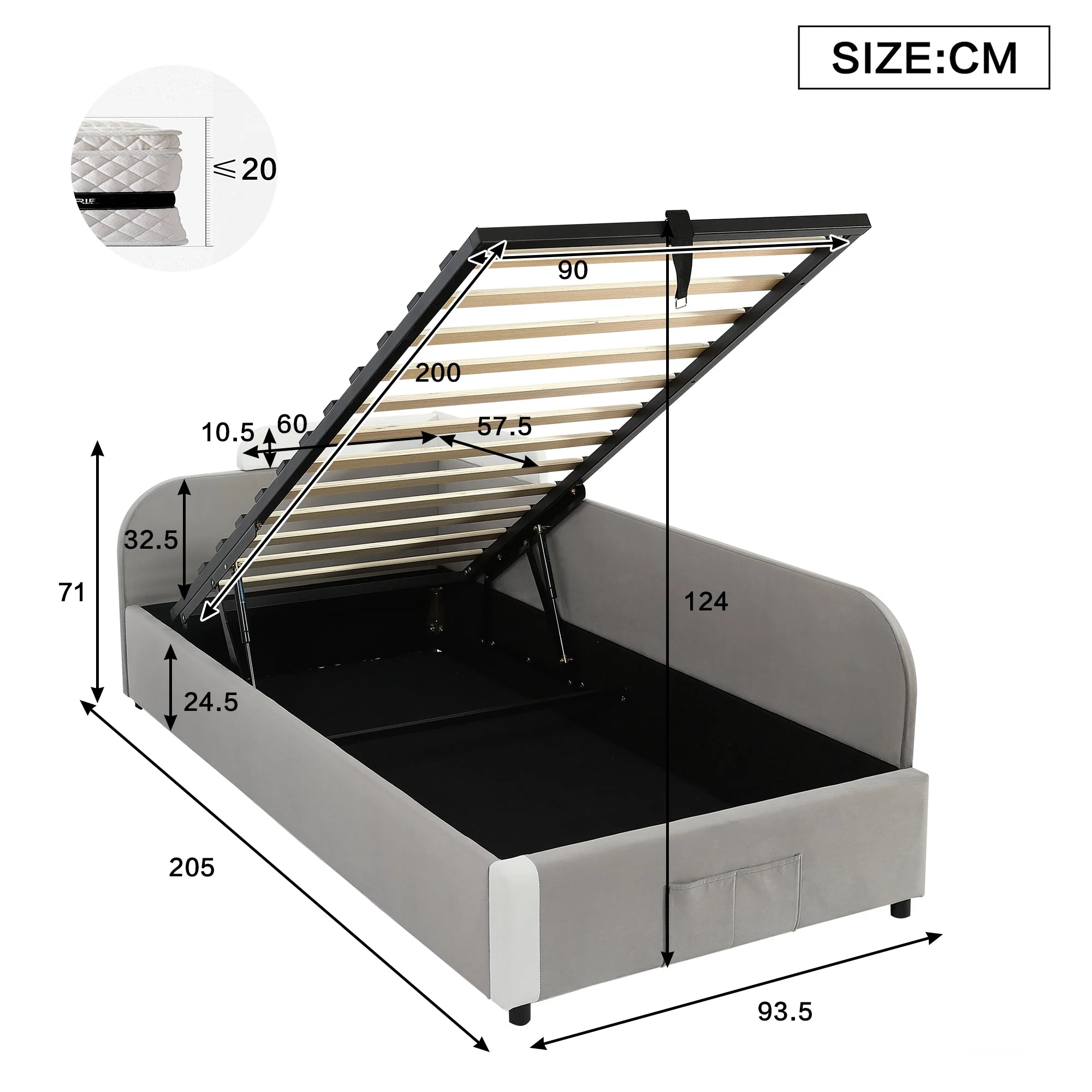Hydraulic Bed, Storage Space, Raised Soft Fence, Velvet + Plywood, Grey - Image 3