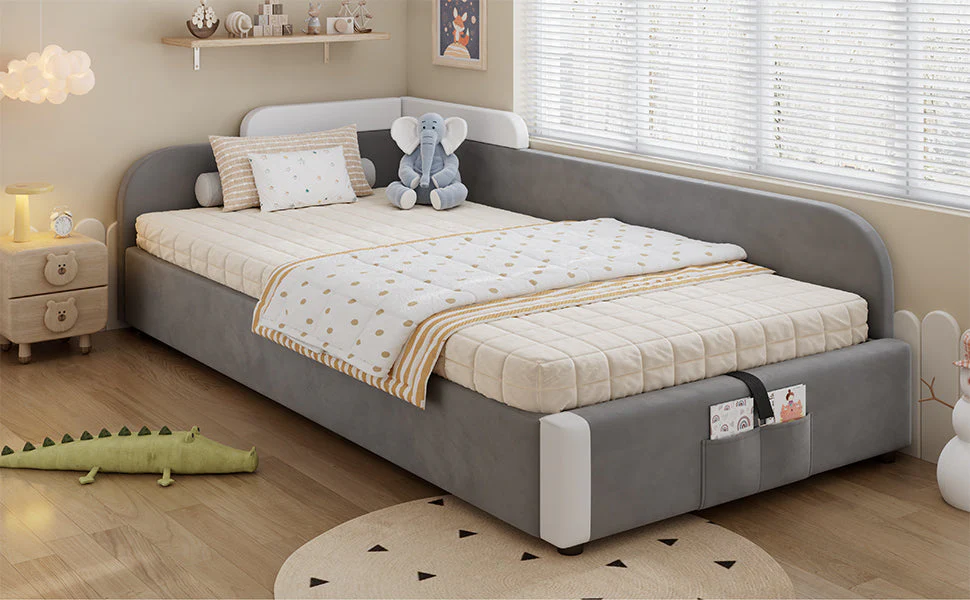 Hydraulic Bed, Storage Space, Raised Soft Fence, Velvet + Plywood, Grey - Image 6