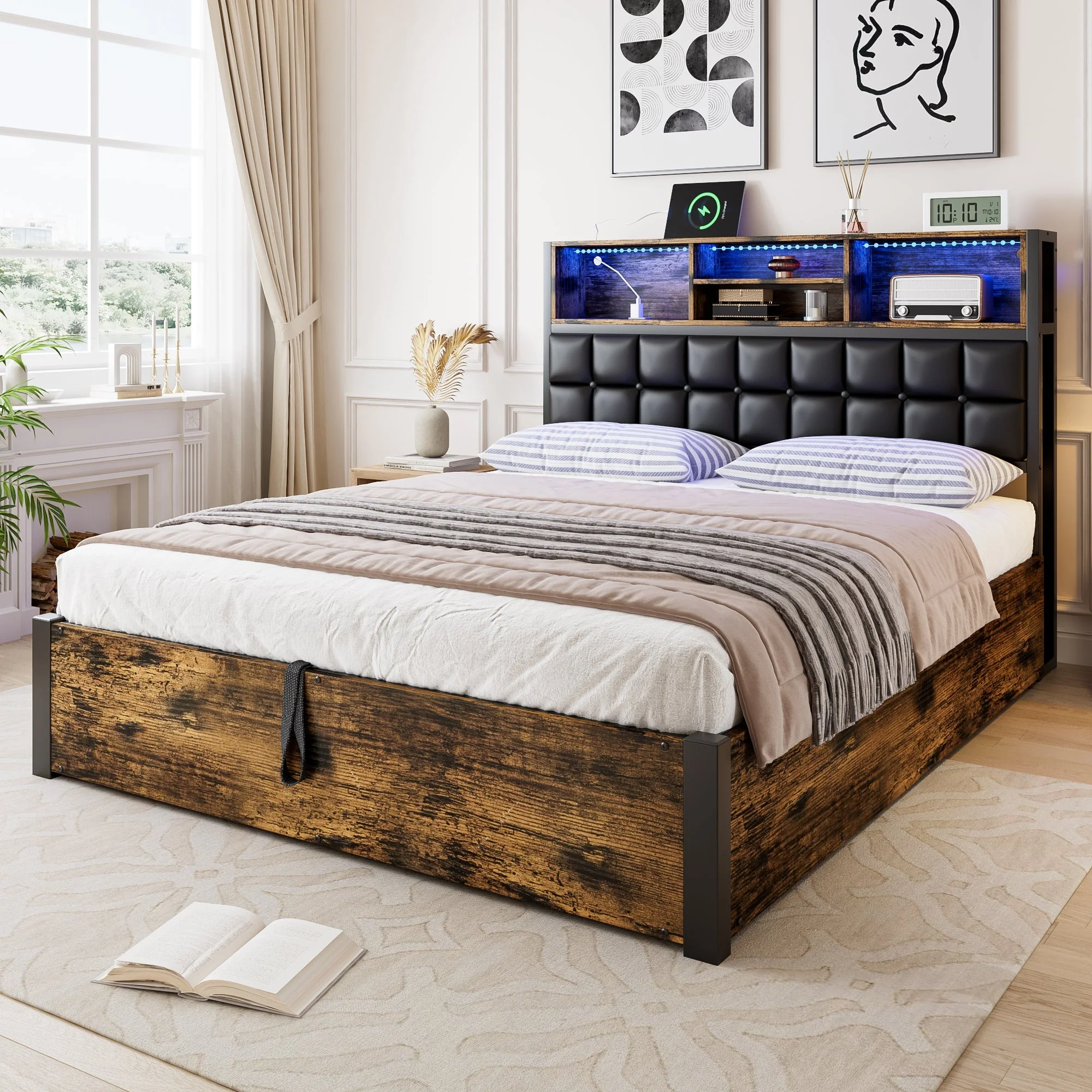 Hydraulic Bed with Charging Port, LED Light & Storage, 4ft6 Double, Black + Wood - Image 5