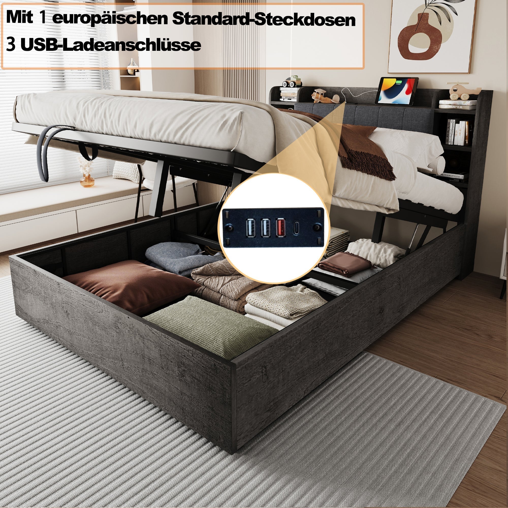 Hydraulic Bed with Storage Headboard and USB Charging, 180x200cm, Grey Wood - Image 4