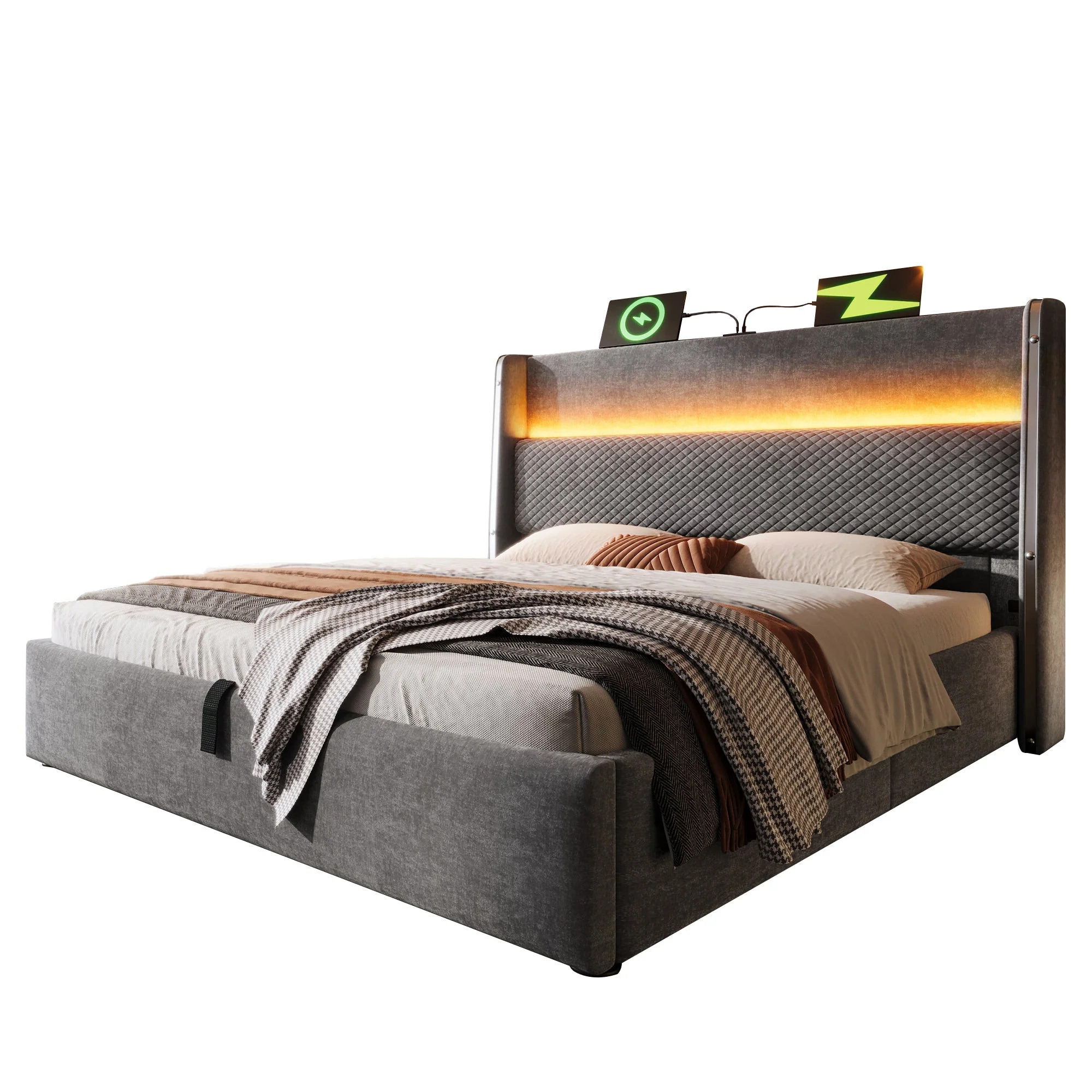 Hydraulic Double Bed, 140x200cm High Headboard LED Storage USB/Type-C, Linen Look Grey - Image 8