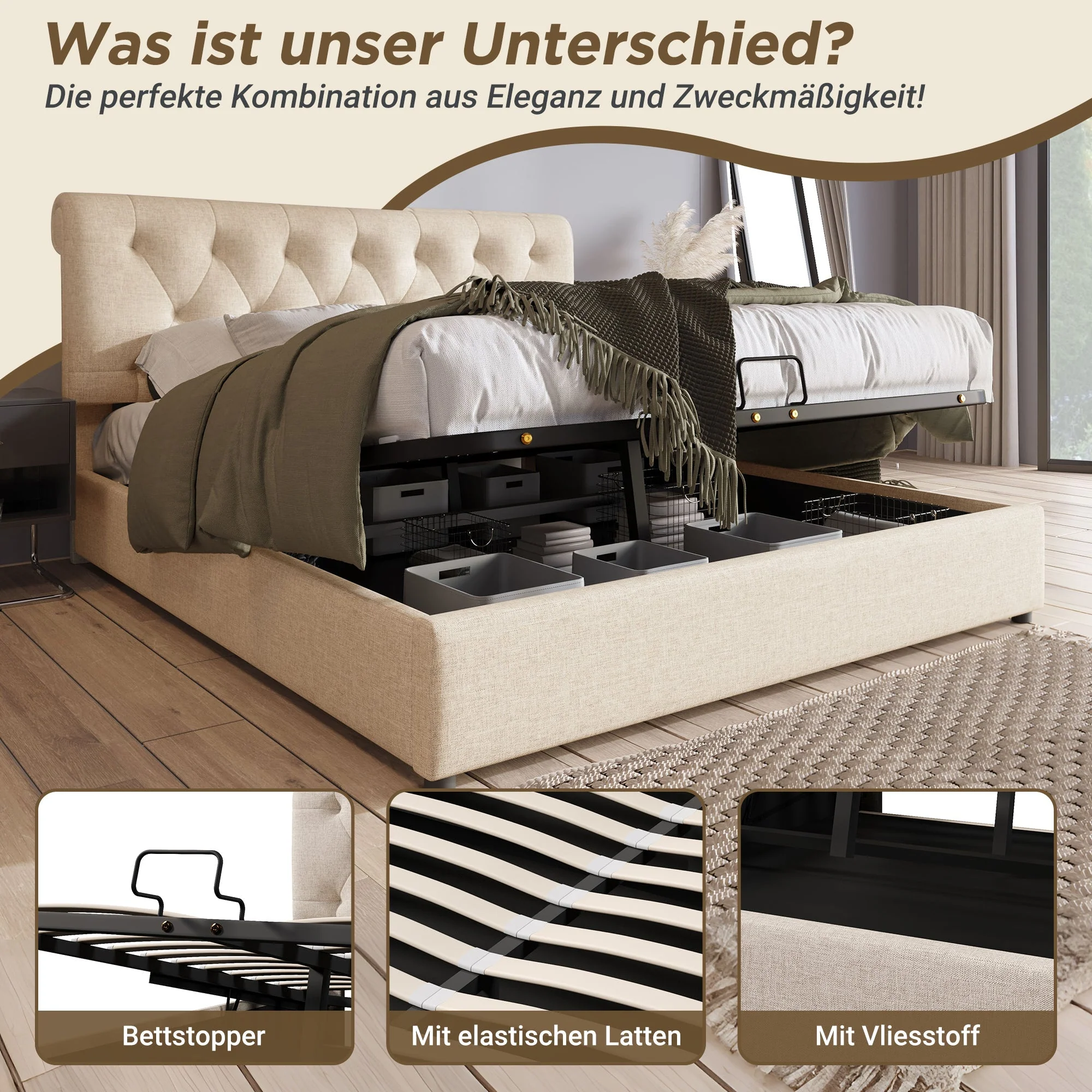 Hydraulic Double Bed, 160x200cm Adjustable Headboard with Storage, Natural Wood - Image 7