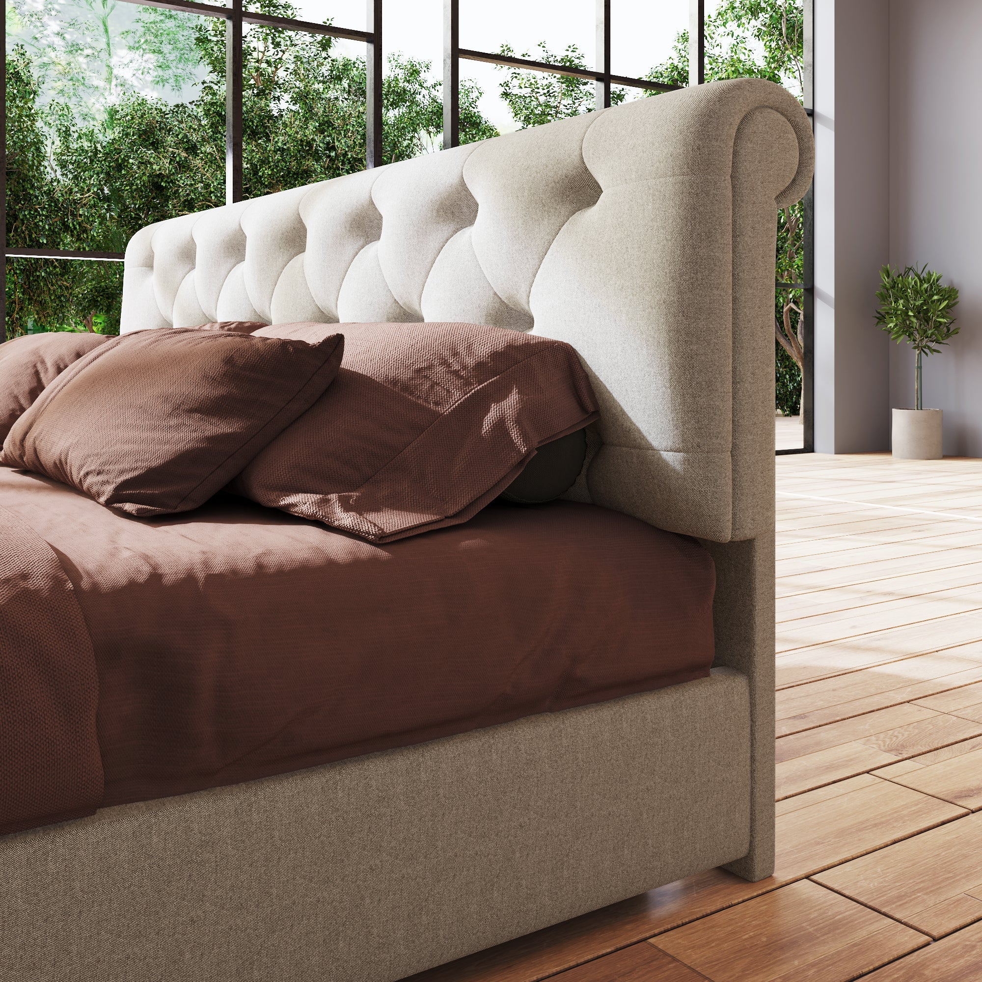 Hydraulic Double Bed, 160x200cm Upholstered with Storage, Natural - Image 3