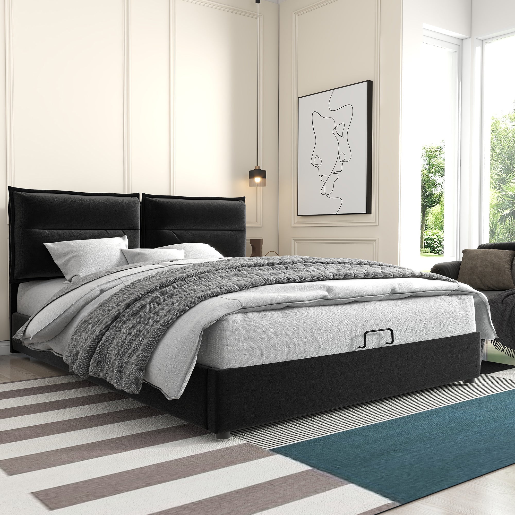 Hydraulic Double Upholstered Bed, 140x200cm Adjustable Headboard Metal Frame, Velvet Black - Image 4