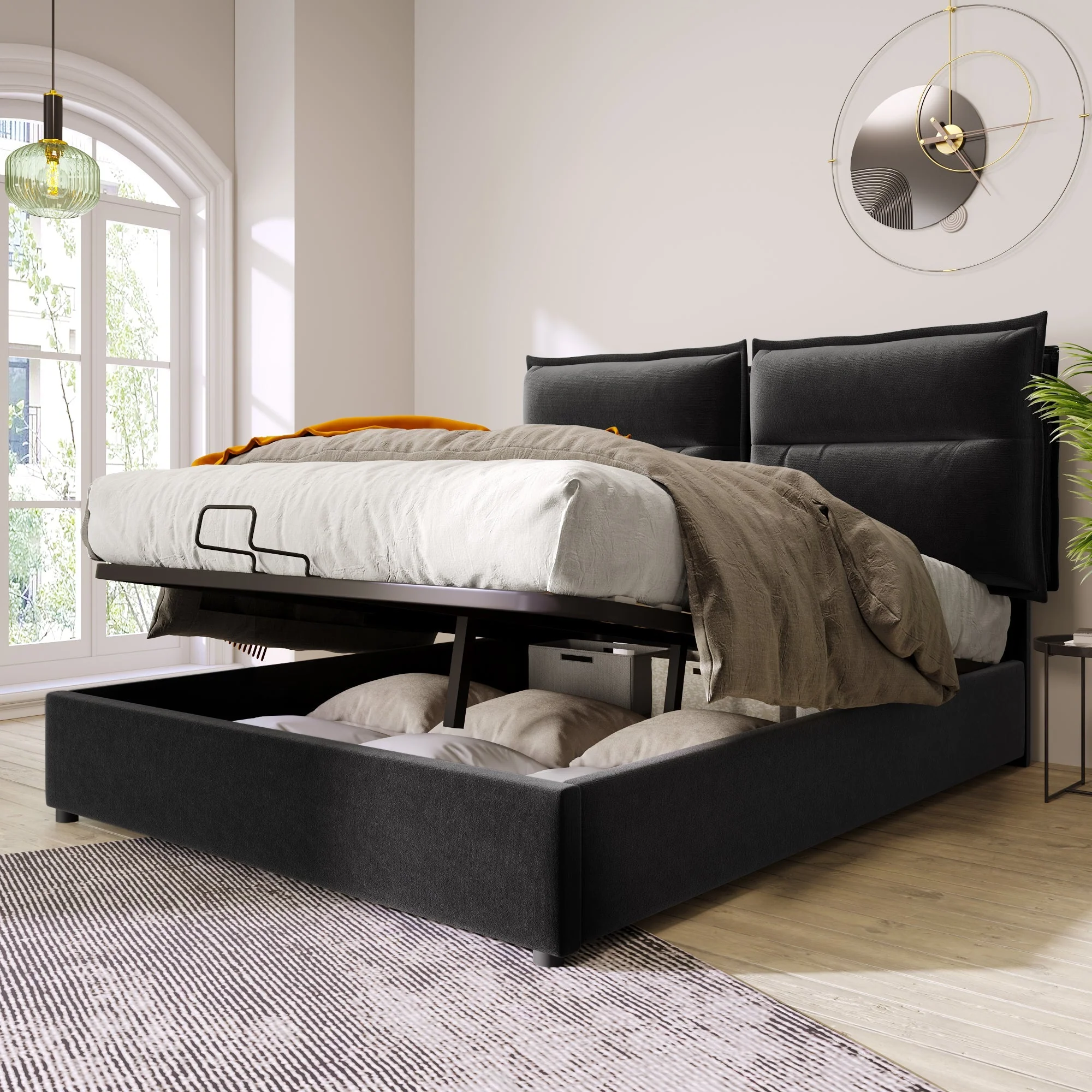 Hydraulic Double Upholstered Bed, 140x200cm Adjustable Headboard Metal Frame, Velvet Black - Image 5