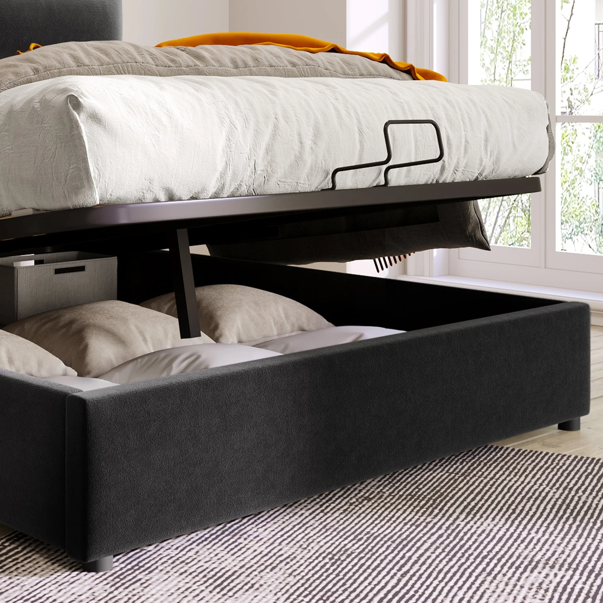 Hydraulic Double Upholstered Bed, 140x200cm Adjustable Headboard Metal Frame, Velvet Black - Image 6