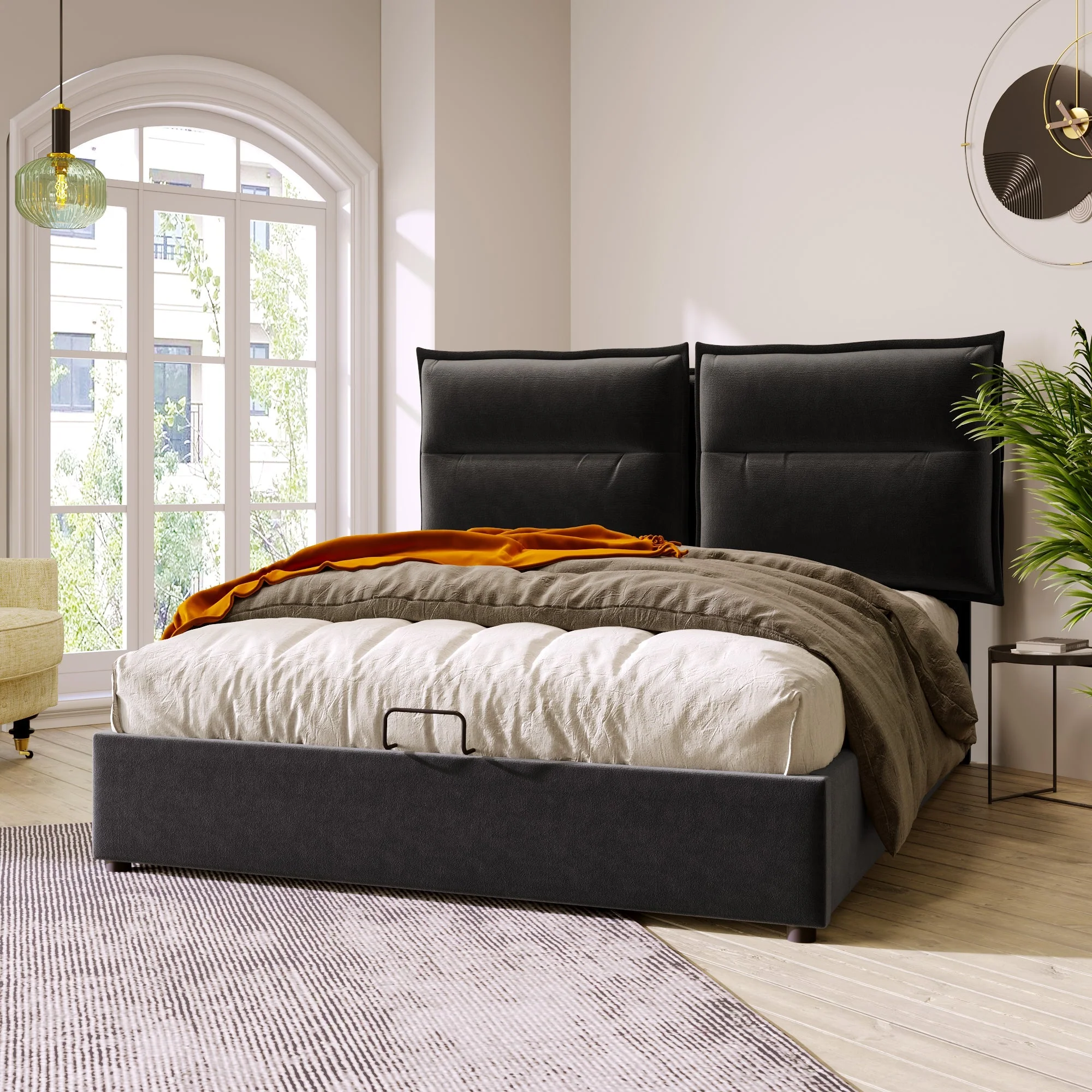 Hydraulic Double Upholstered Bed, 140x200cm Adjustable Headboard Metal Frame, Velvet Black - Image 7