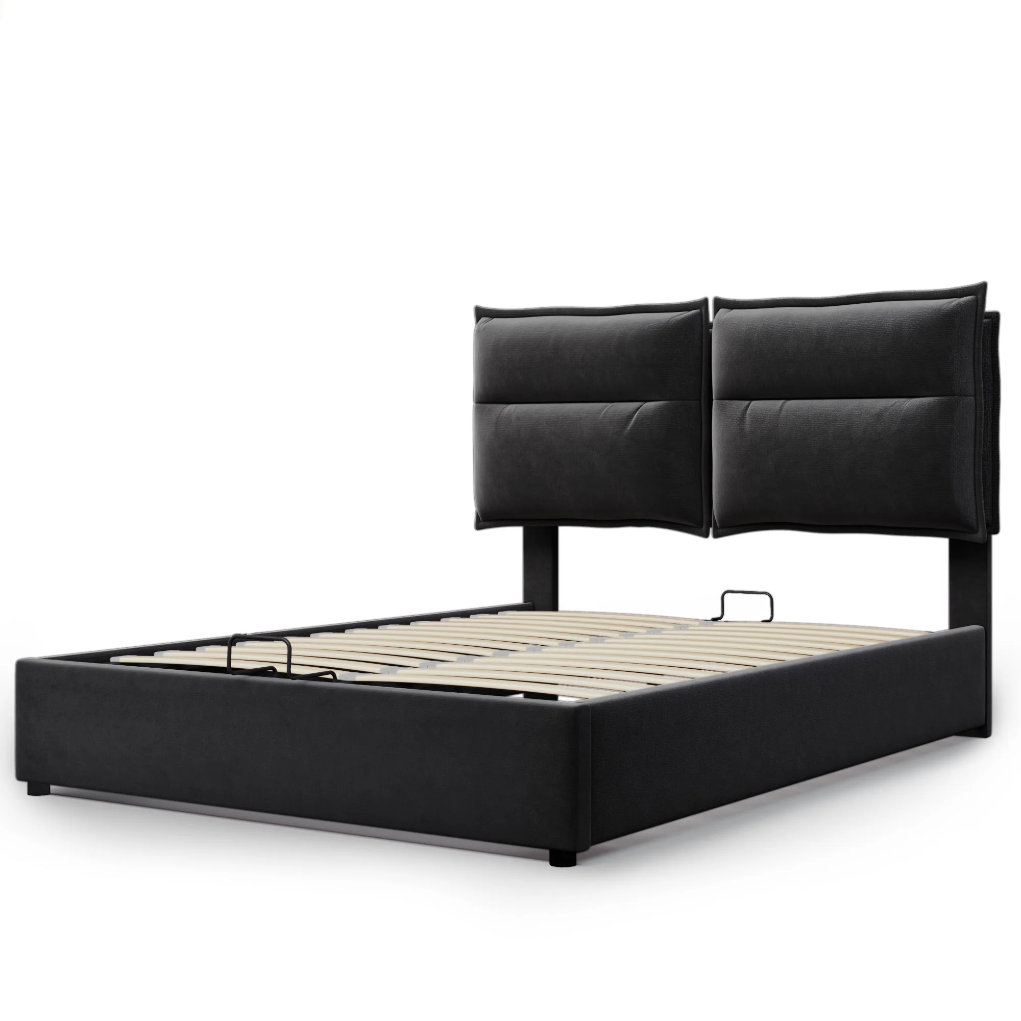 Hydraulic Double Upholstered Bed, 140x200cm Adjustable Headboard Metal Frame, Velvet Black - Image 9