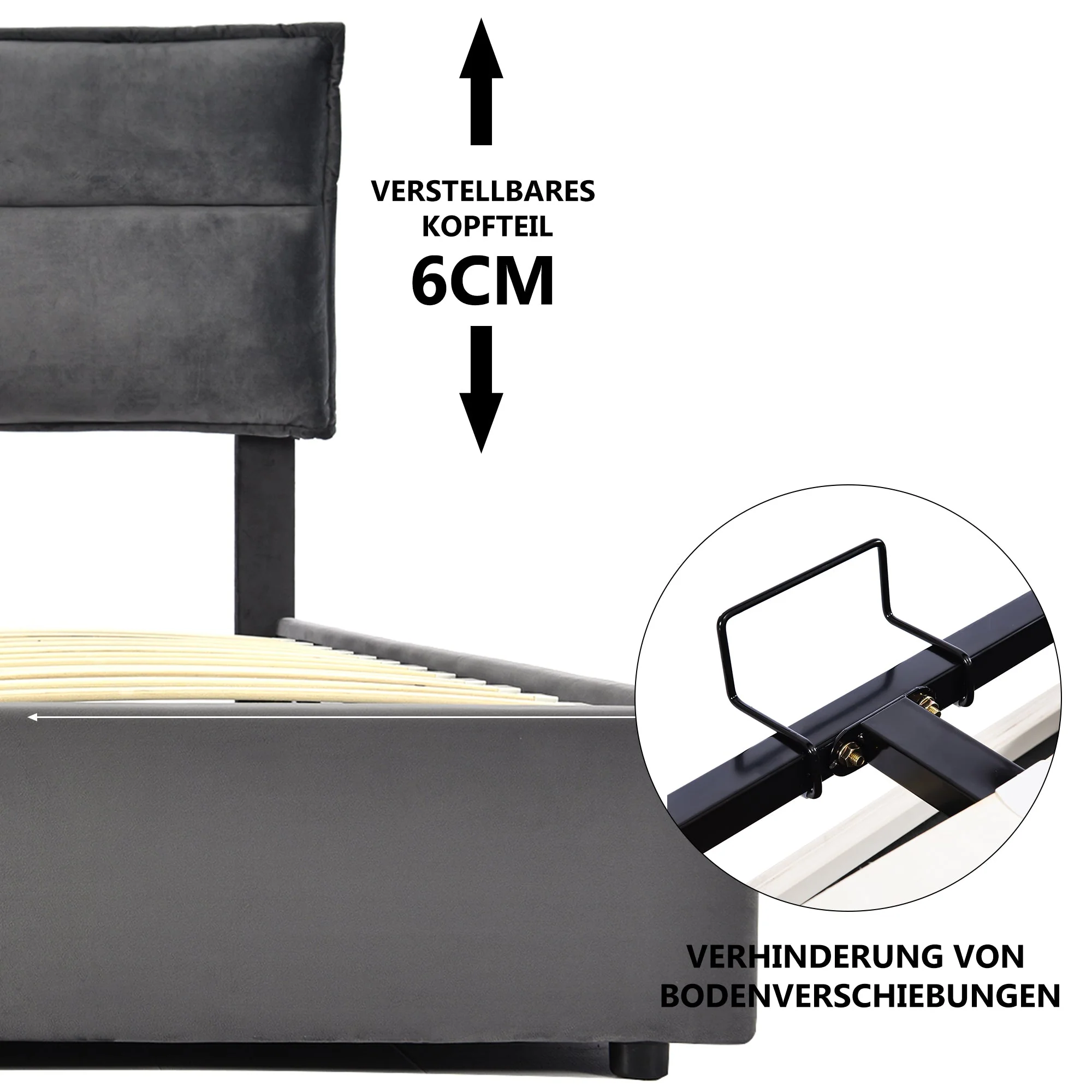 Hydraulic Double Upholstered Bed 140x200cm, Adjustable Headboard, Metal Slatted Frame, Storage, Gray Velvet - Image 10