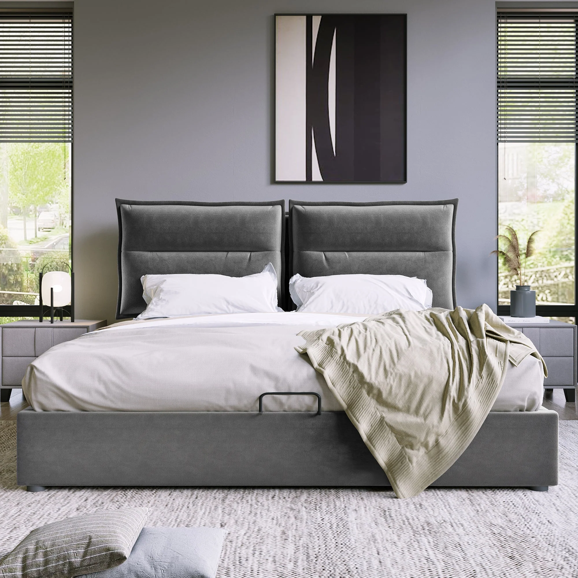 Hydraulic Double Upholstered Bed 140x200cm, Adjustable Headboard, Metal Slatted Frame, Storage, Gray Velvet - Image 8