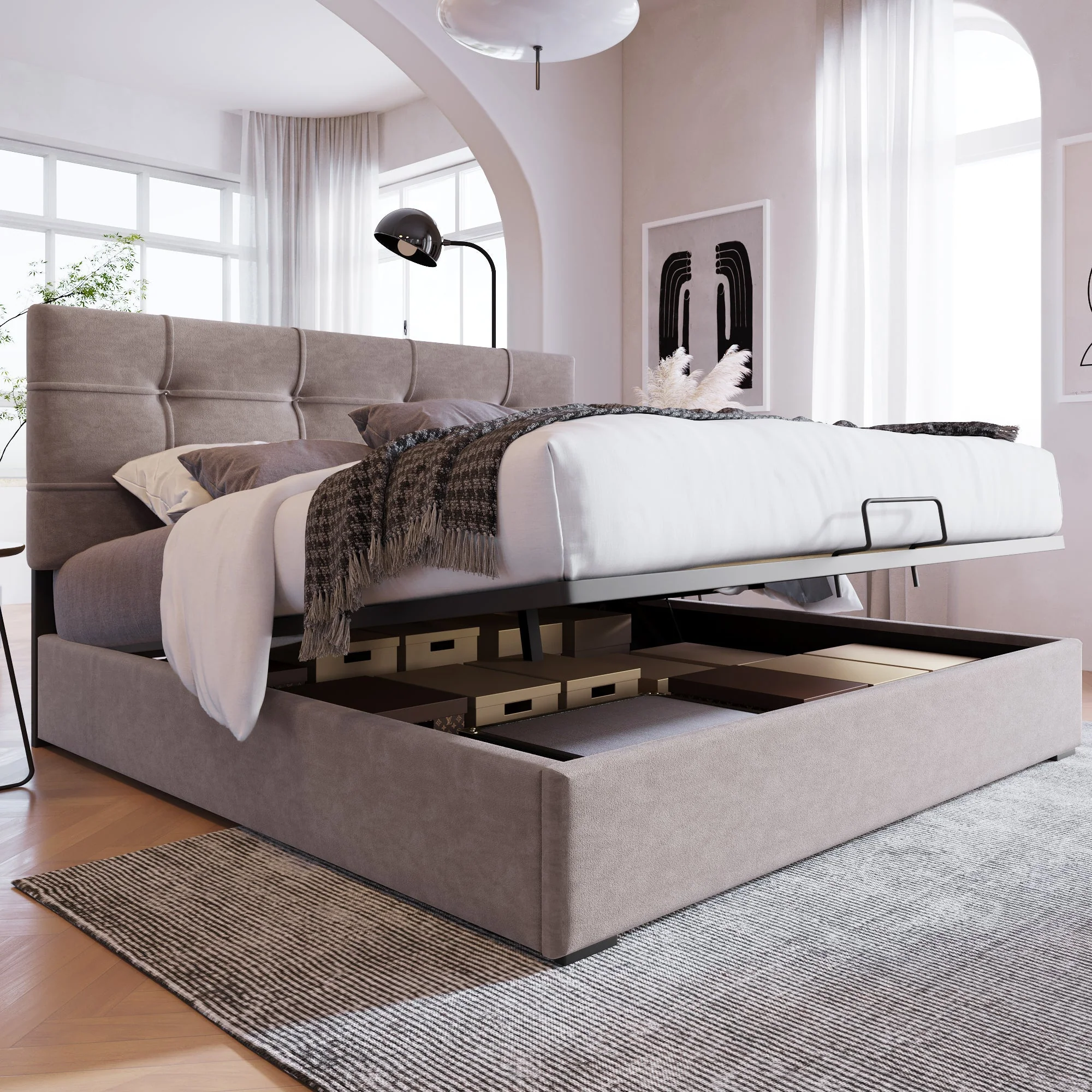 Hydraulic Double Upholstered Bed 140x200cm, Adjustable Headboard, Storage, Light Grey Velvet