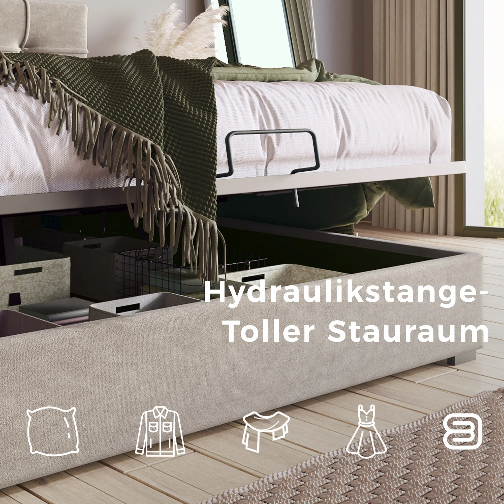 Hydraulic Double Upholstered Bed 140x200cm, Adjustable Headboard, Storage, Light Grey Velvet - Image 10