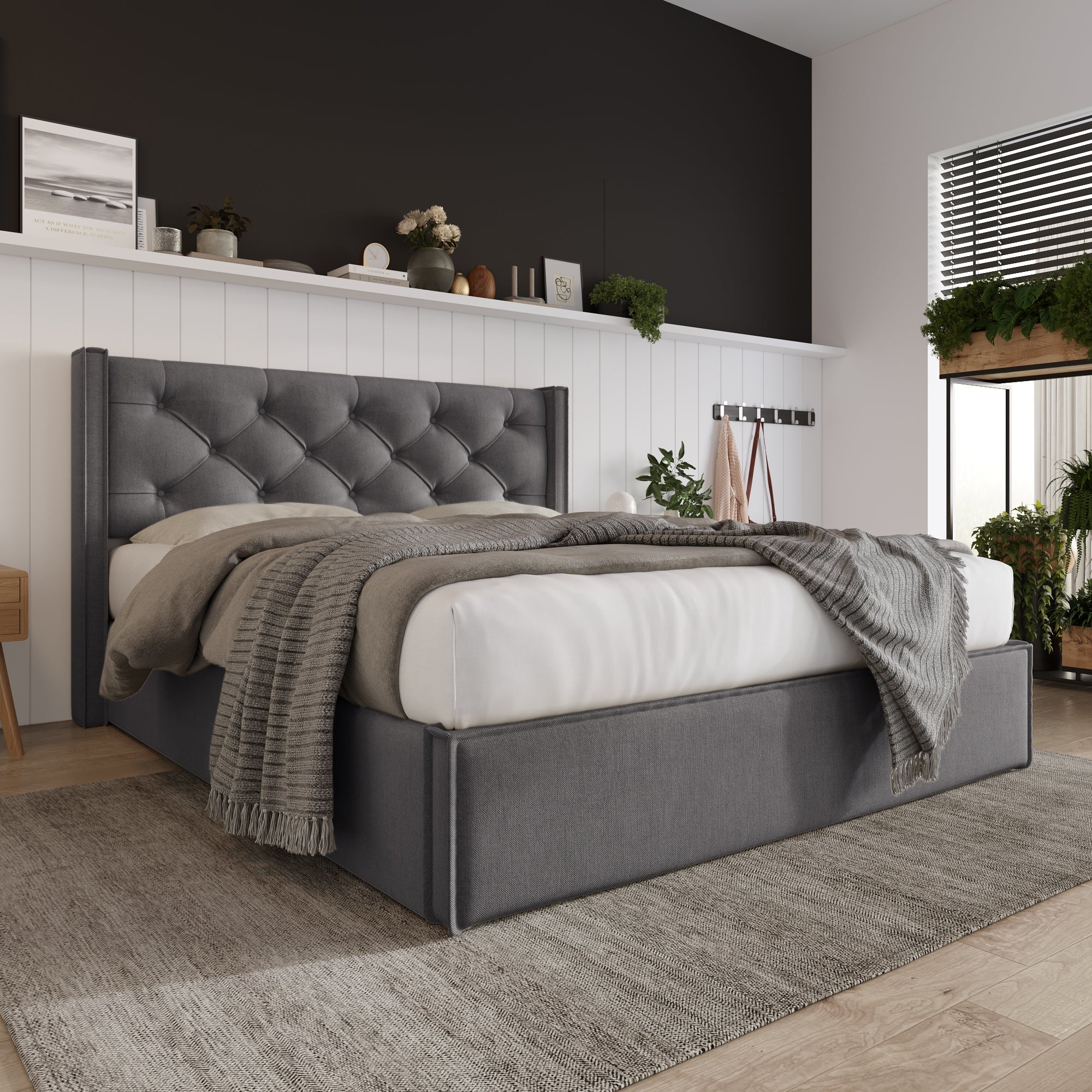 Hydraulic Double Upholstered Bed, 140x200cm Storage, Cotton Grey - Image 8