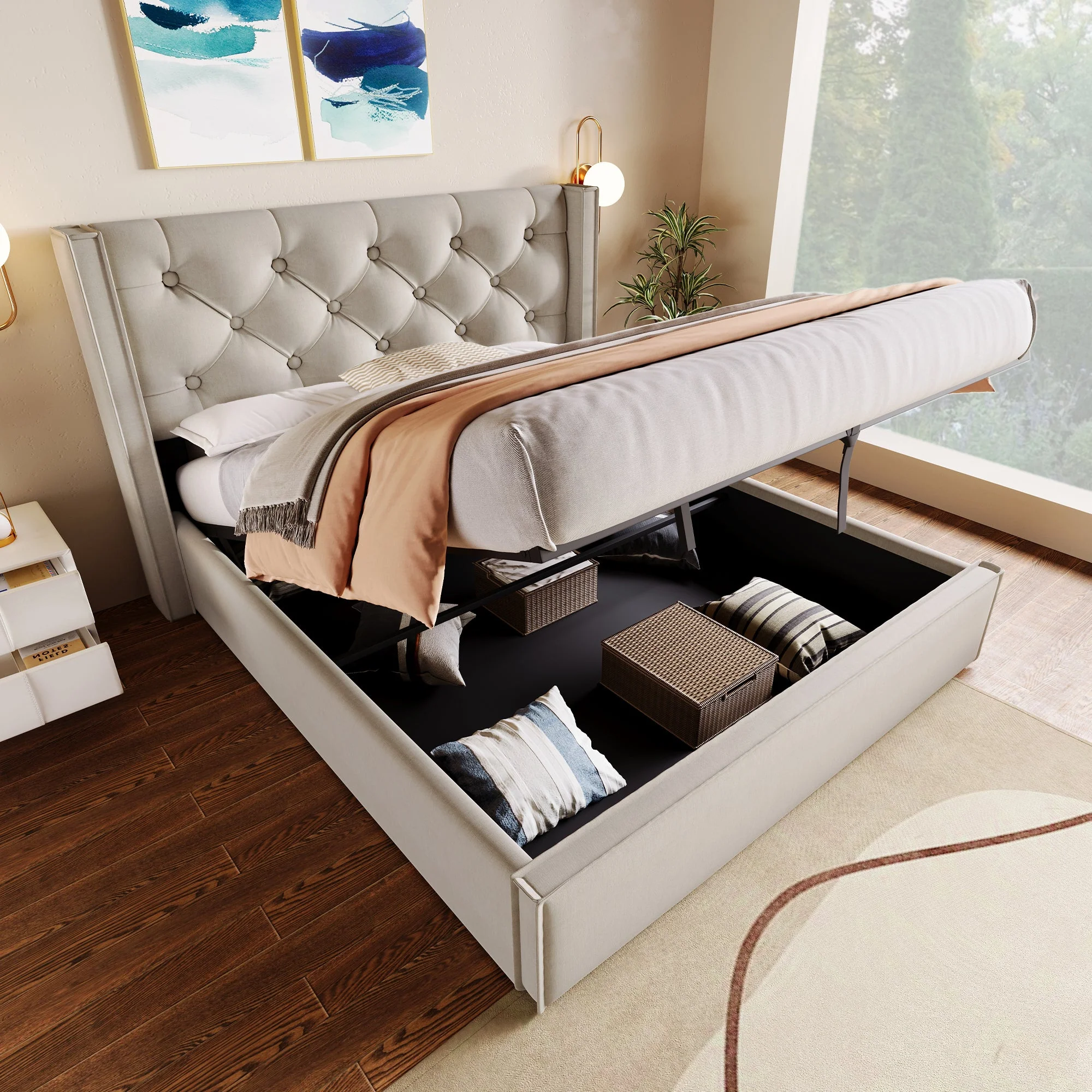 Hydraulic Double Upholstered Bed, 140x200cm with Metal Frame & Storage, Cotton Light Grey