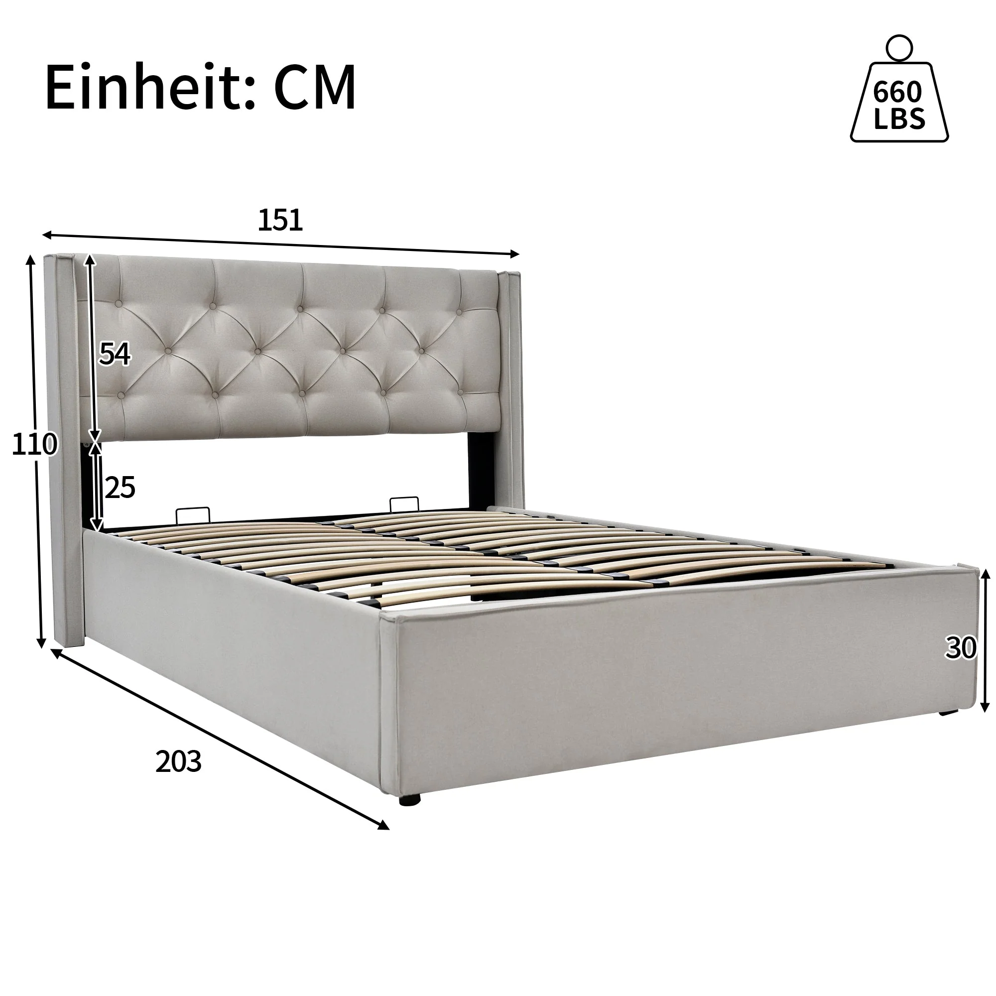 Hydraulic Double Upholstered Bed, 140x200cm with Metal Frame & Storage, Cotton Light Grey - Image 2