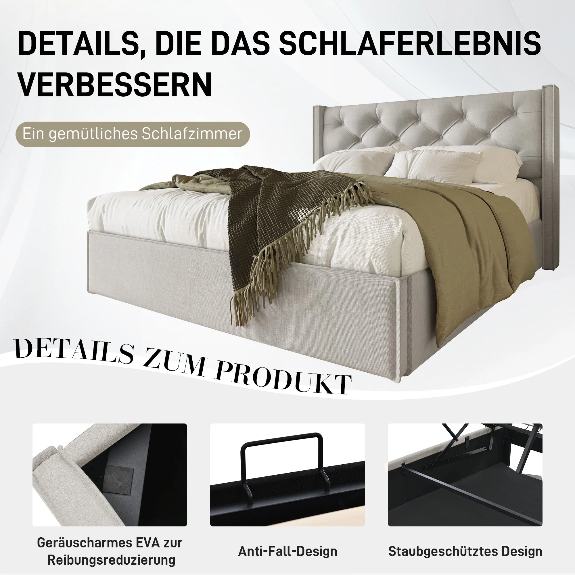 Hydraulic Double Upholstered Bed, 140x200cm with Metal Frame & Storage, Cotton Light Grey - Image 3
