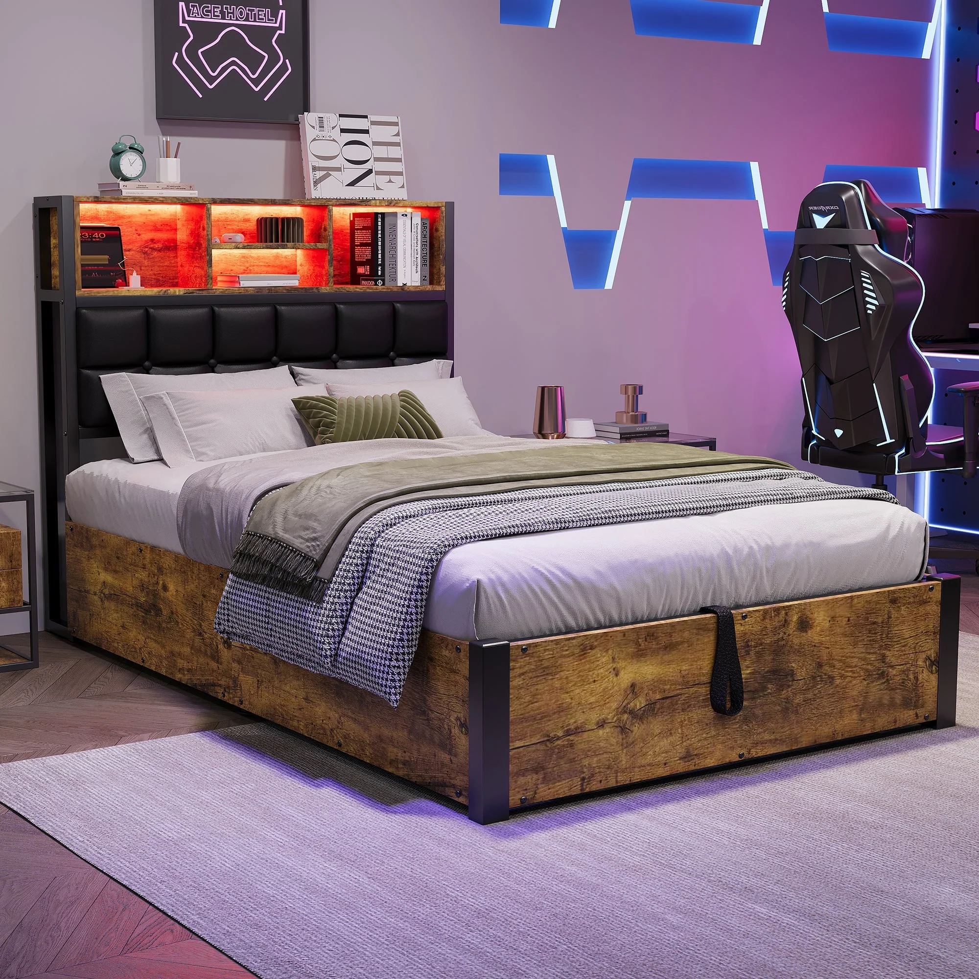 Hydraulic Metal Bed with Charging Port, LED Light, and Storage Headboard, Black + Wood - Image 2