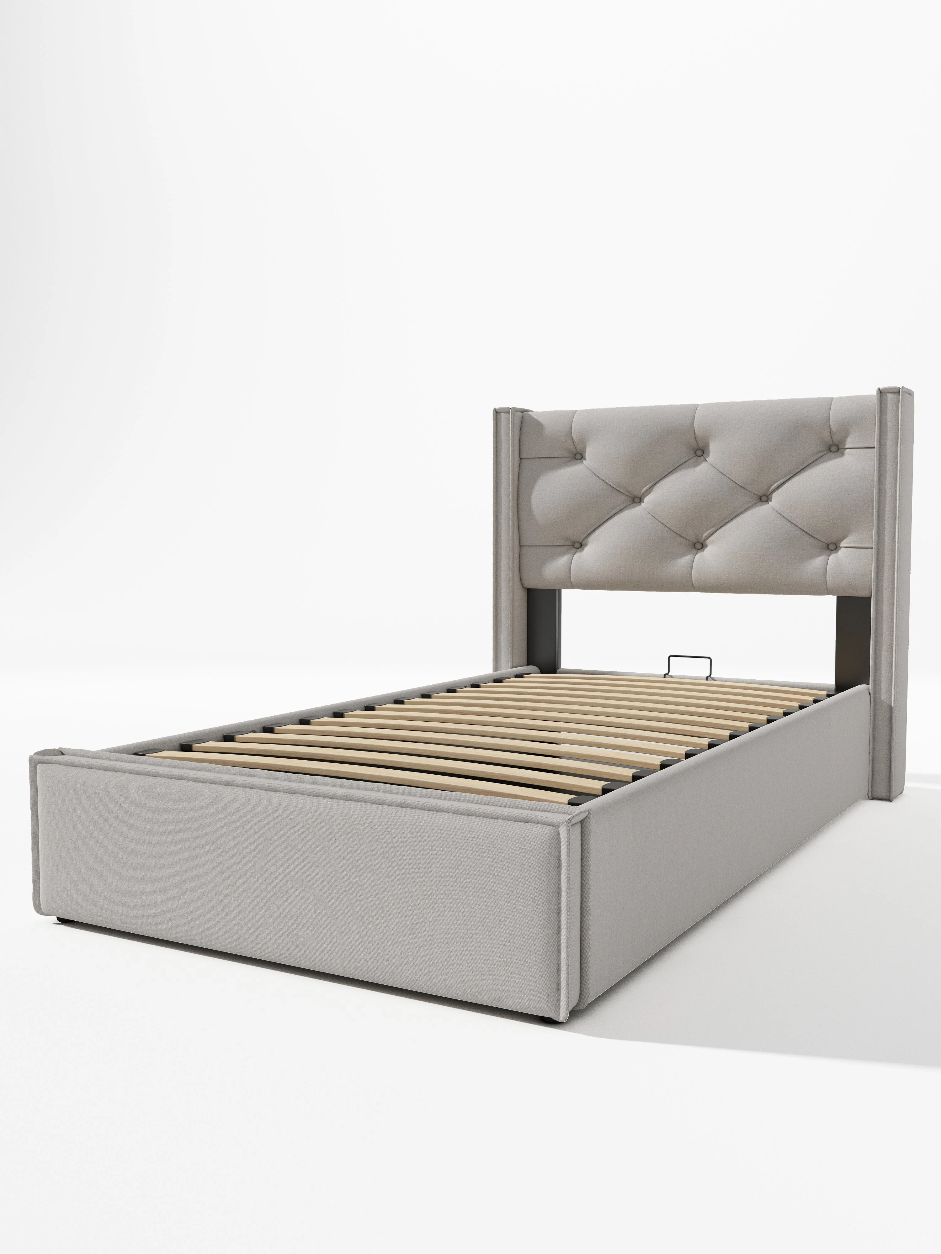 Hydraulic Single Upholstered Bed, 90x200cm, Metal Slatted Frame, Light Gray Cotton - Image 6