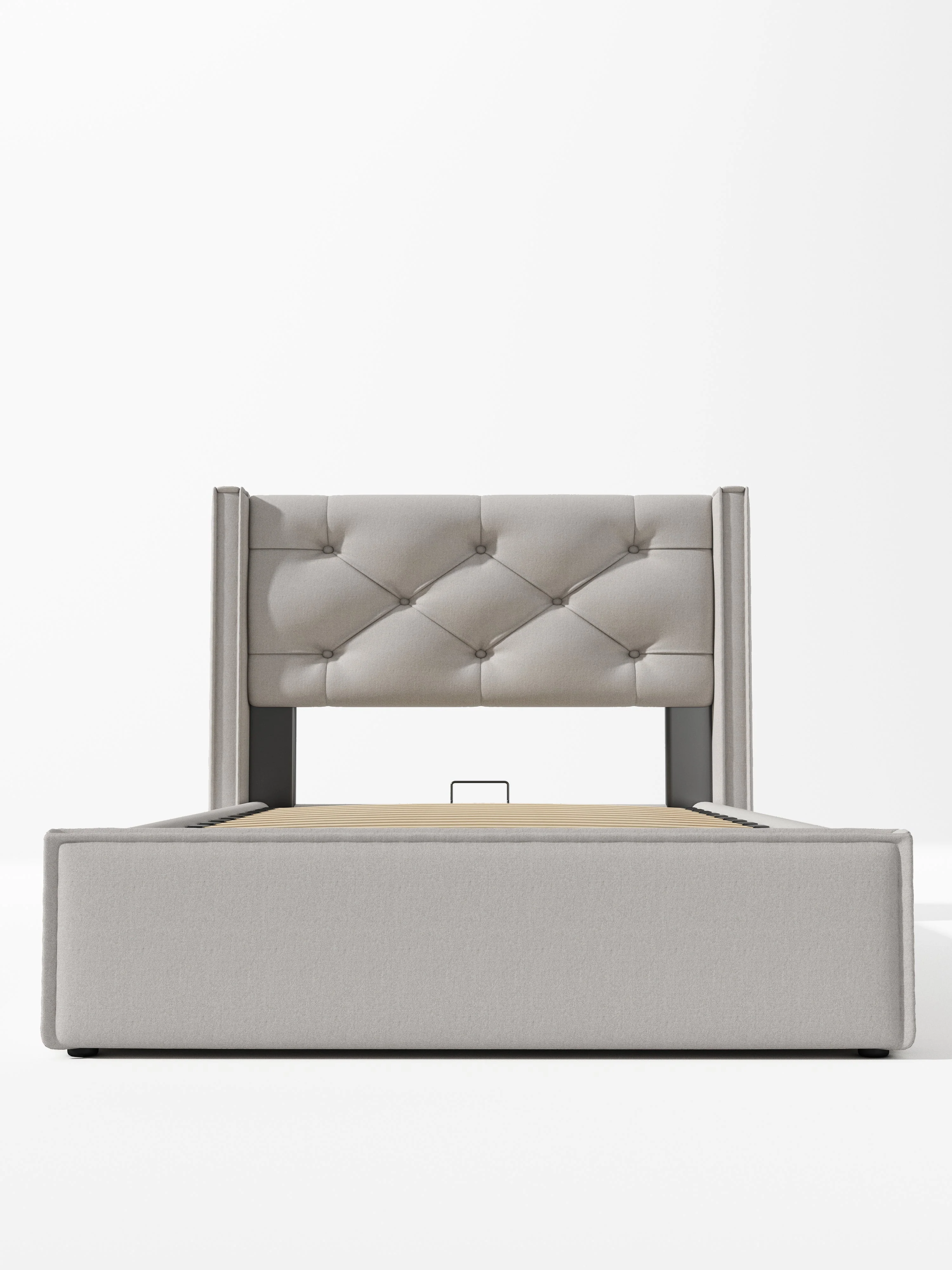 Hydraulic Single Upholstered Bed, 90x200cm, Metal Slatted Frame, Light Gray Cotton - Image 7
