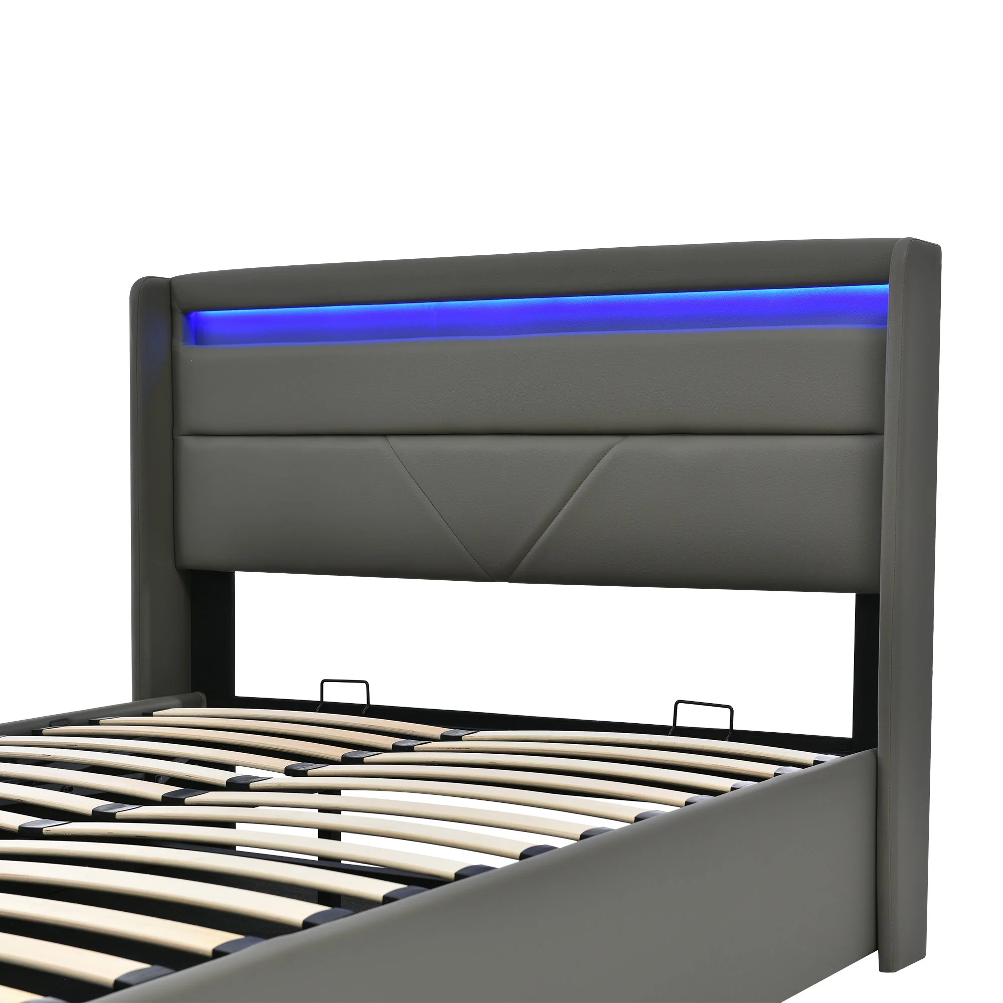 Hydraulic Storage Bed, 140x200cm Upholstered with LED, Grey - Image 8