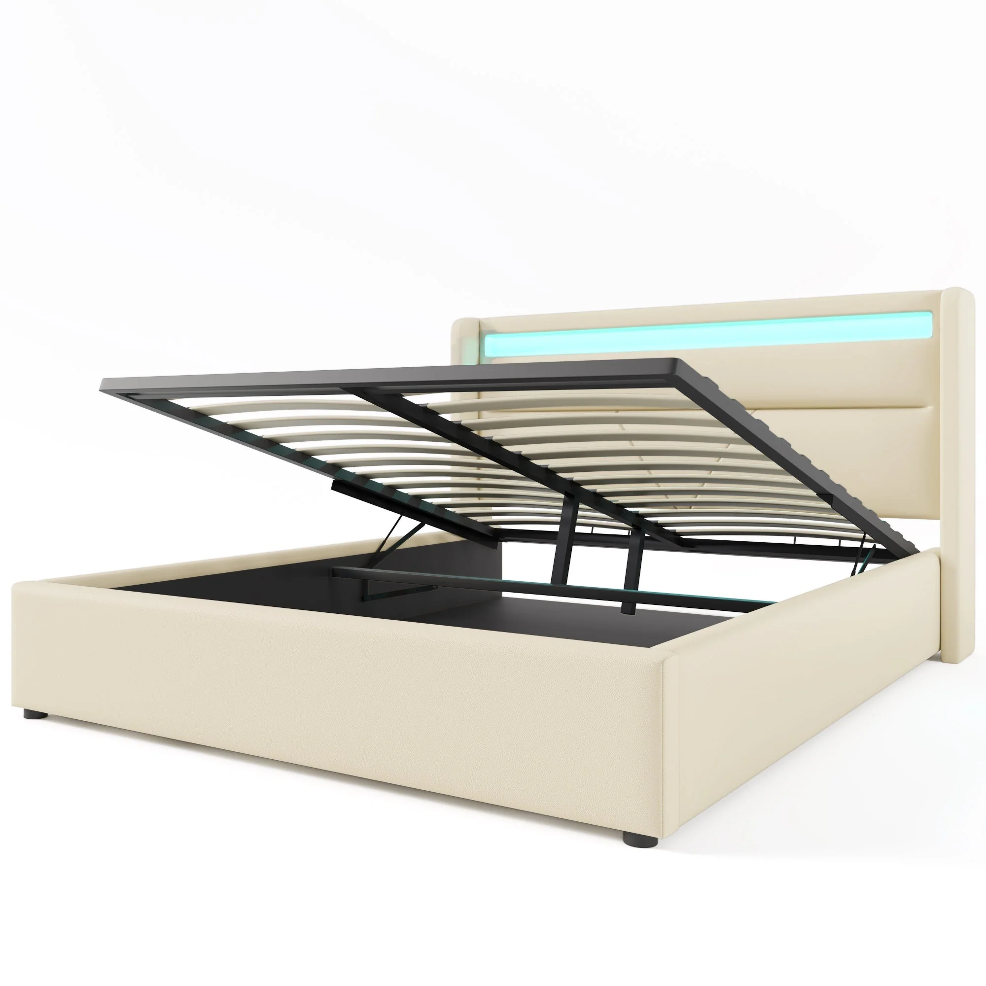 Hydraulic Storage Bed, 160x200cm Upholstered with LED Strip, White - Image 9