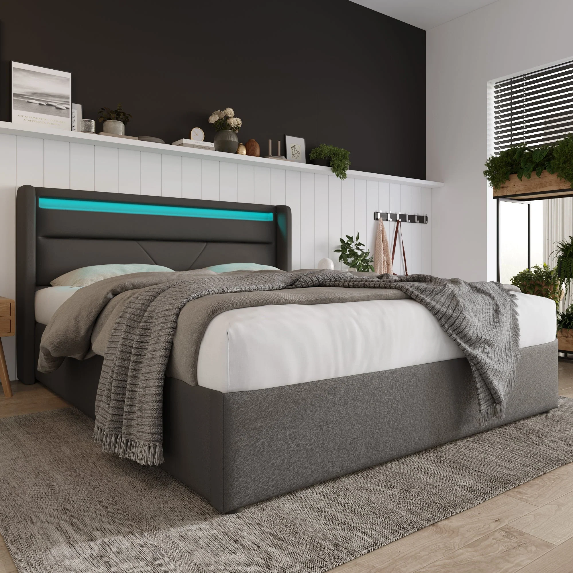 Hydraulic Storage Bed, LED, 140x200cm Upholstered, Gray - Image 10