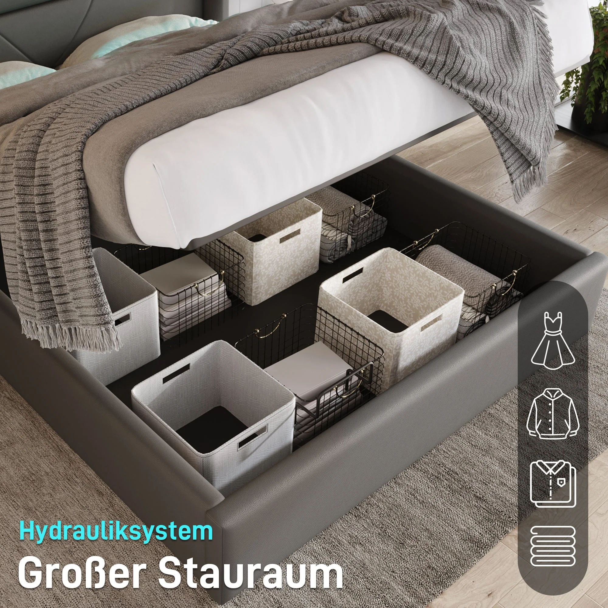 Hydraulic Storage Bed, LED, 140x200cm Upholstered, Gray - Image 5
