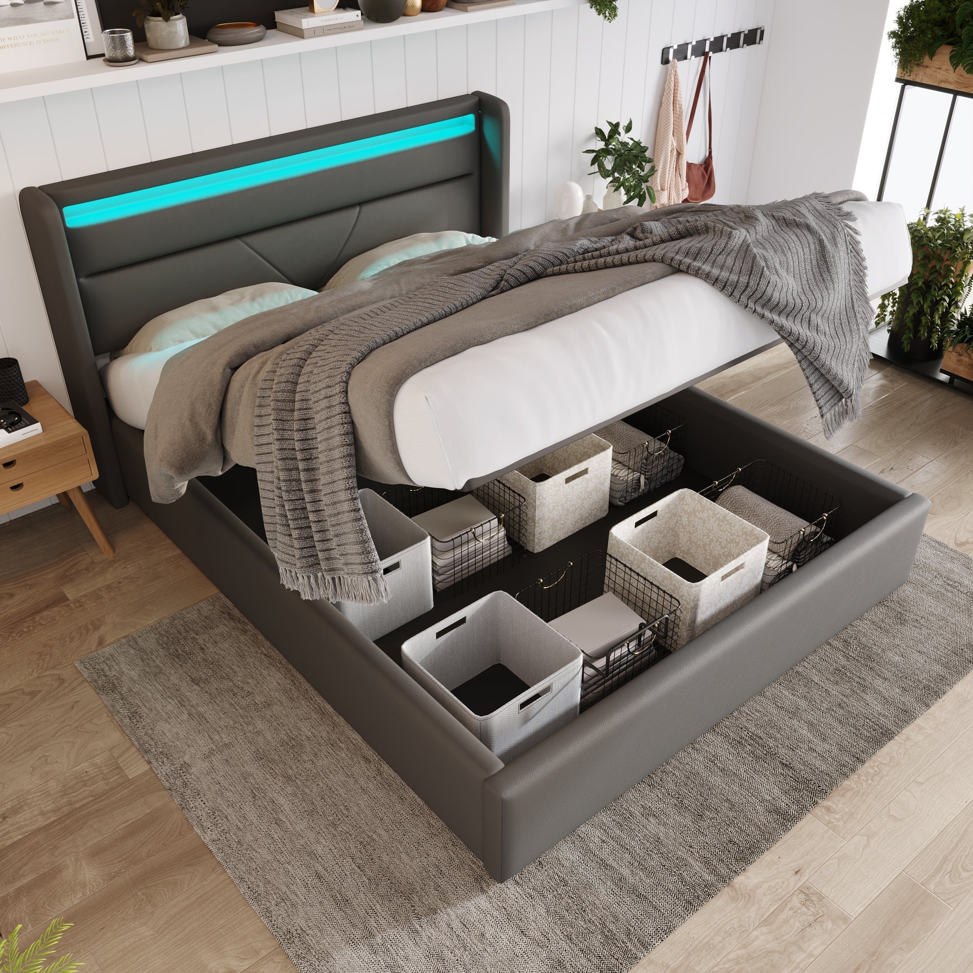 Hydraulic Storage Bed, LED, 140x200cm Upholstered, Gray - Image 7