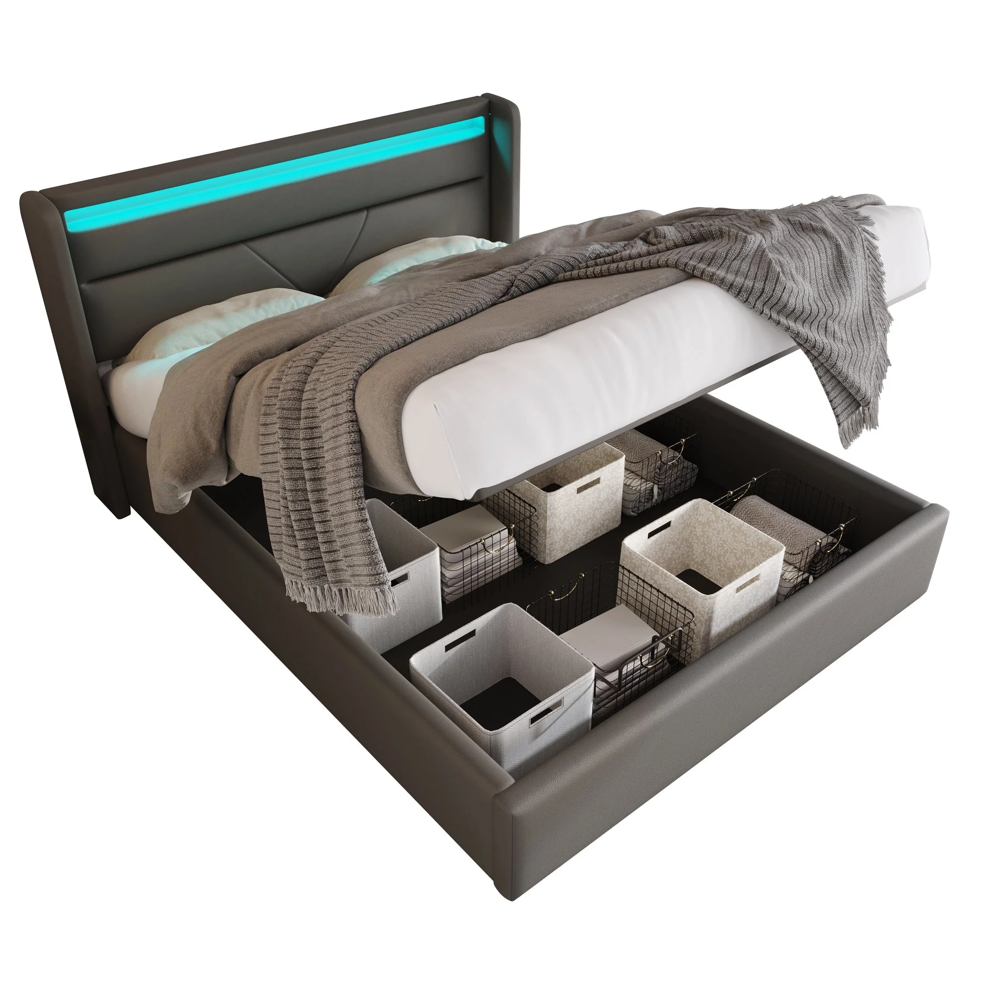 Hydraulic Storage Bed, LED, 140x200cm Upholstered, Gray - Image 9