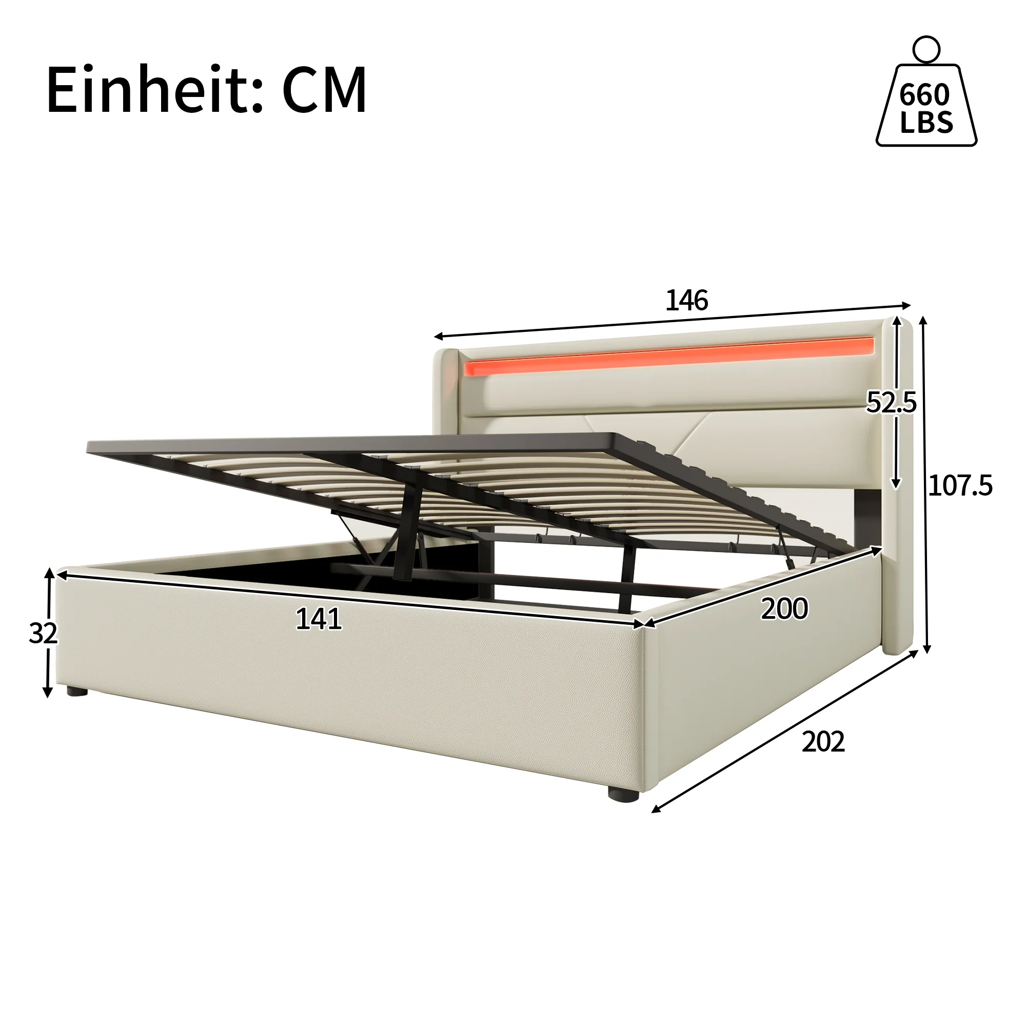 Hydraulic Storage Bed, LED Lighting, 140x200cm, White - Image 2