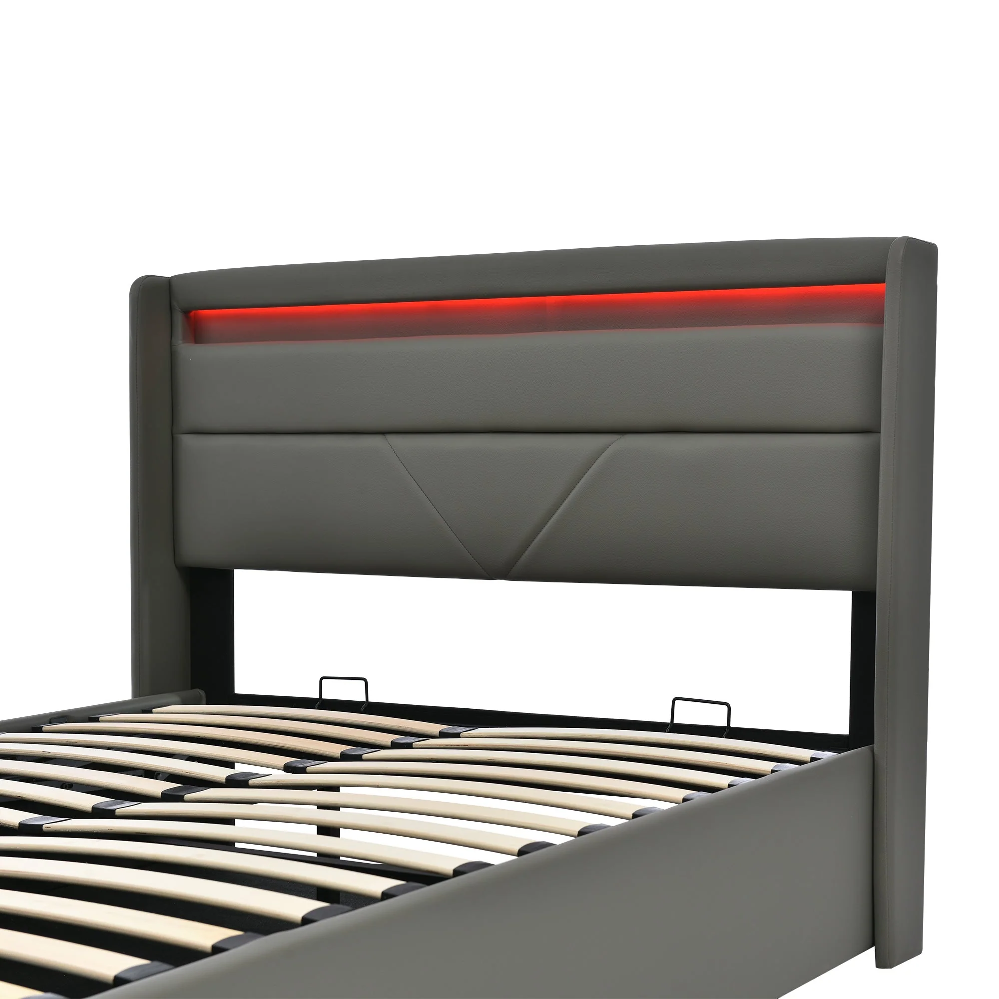 Hydraulic Storage Bed with LED, Double, 160x200cm, Upholstered, Gray - Image 6