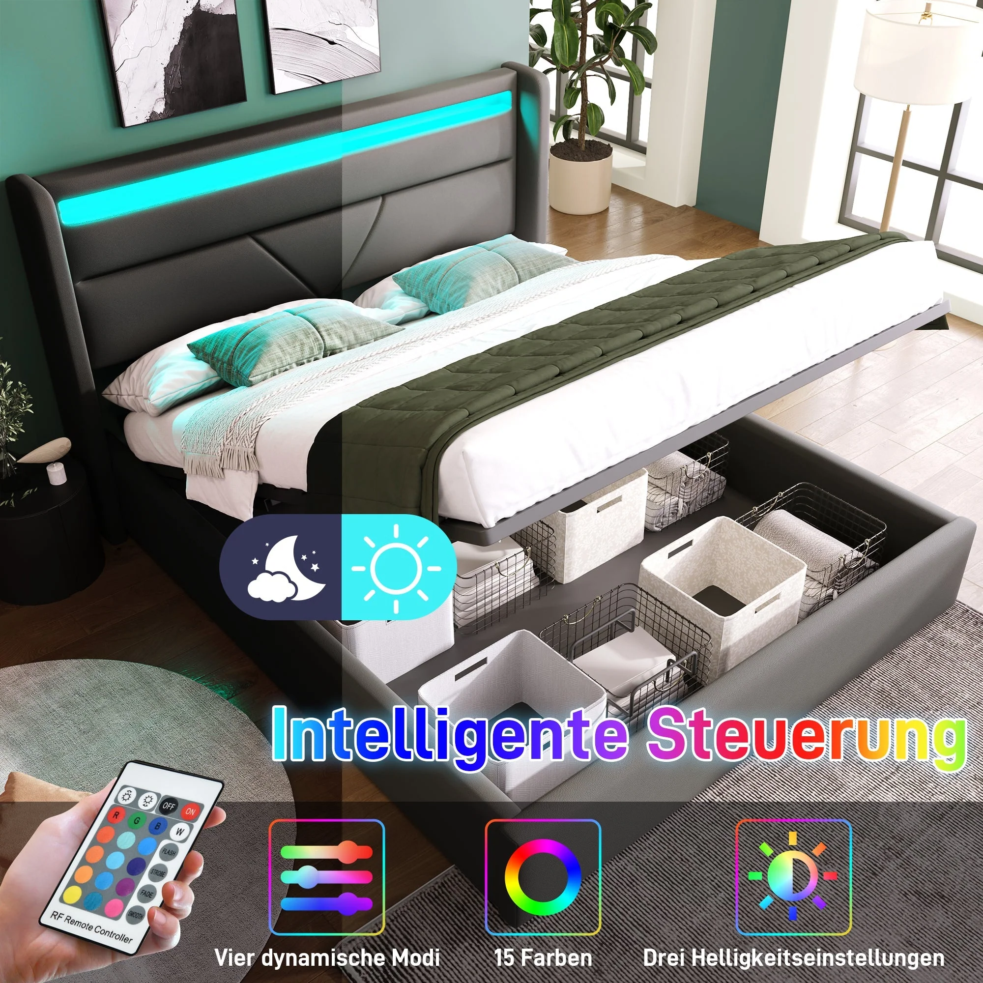 Hydraulic Storage Bed with LED Lighting and Remote Control, 160x200cm, Grey Upholstered Bed Frame - Image 3