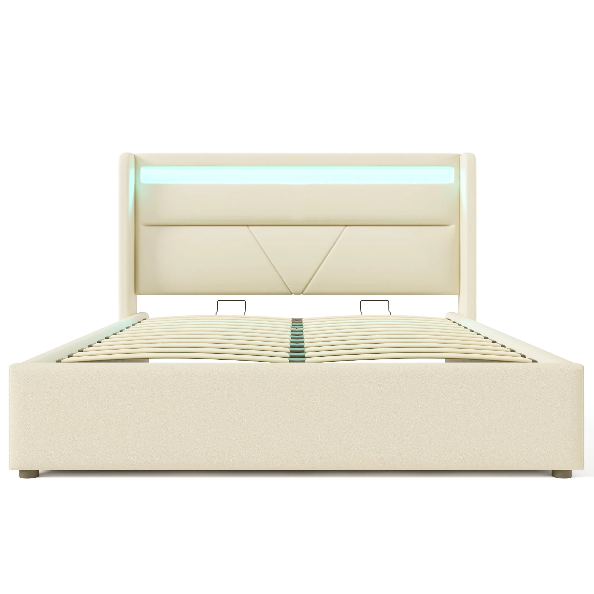 Hydraulic Storage Bed with LED Lighting and Remote Control, 160x200cm, White Upholstered - Image 9