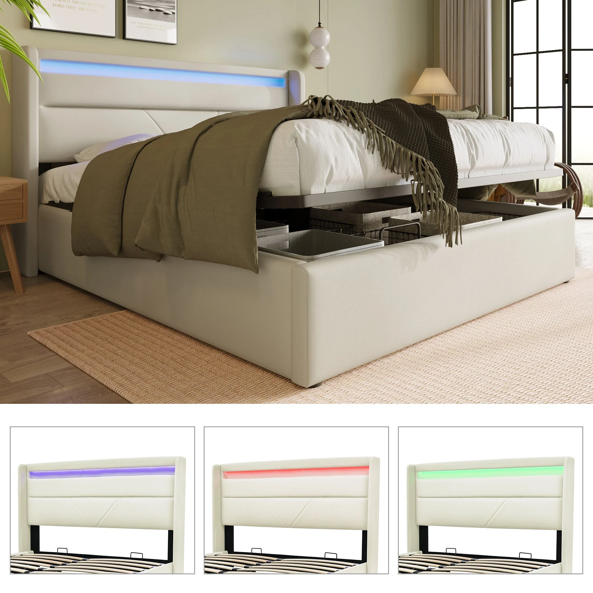 Hydraulic Storage Bed with LED Strip, 160x200cm Double Upholstered, White - Image 2
