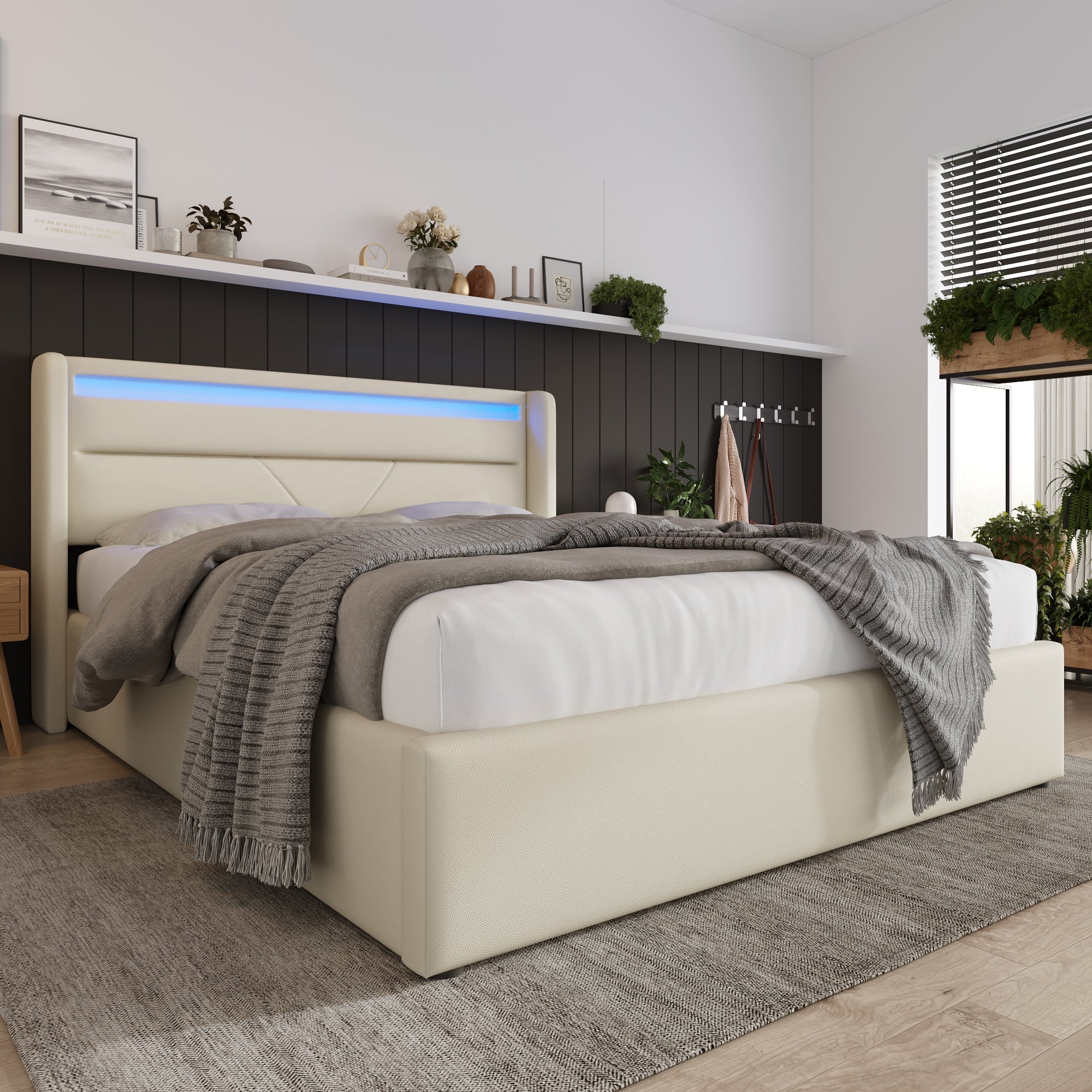Hydraulic Storage Bed with LED Strip, 160x200cm Double Upholstered, White - Image 7