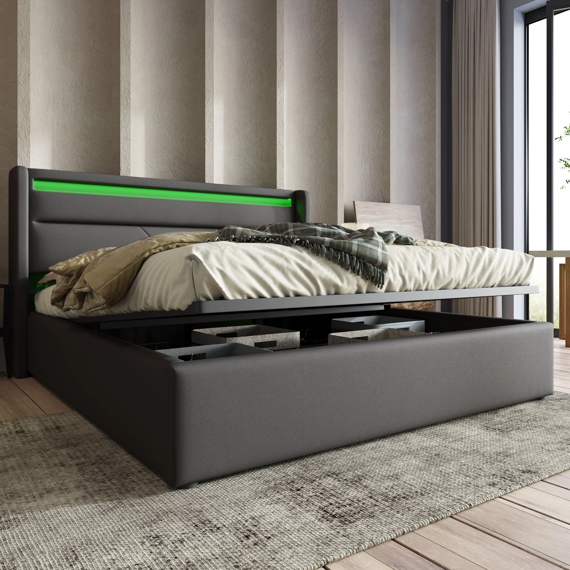 Hydraulic Storage Bed with LED Strip, Double Upholstered 160x200cm, Gray - Image 10