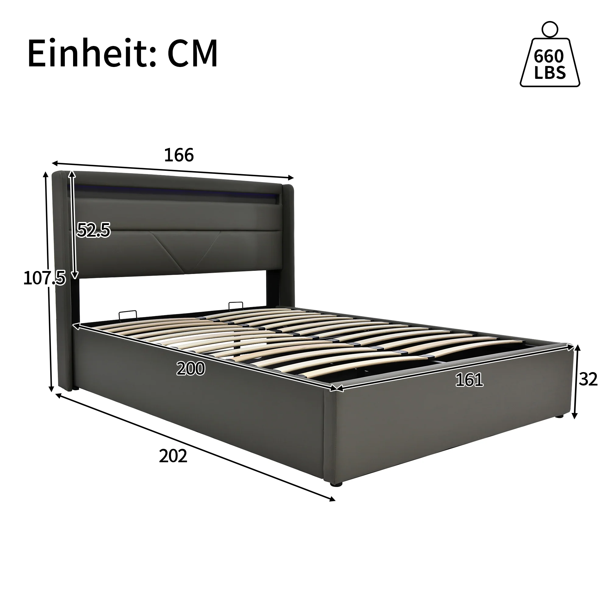 Hydraulic Storage Bed with LED Strip, Double Upholstered 160x200cm, Gray - Image 2