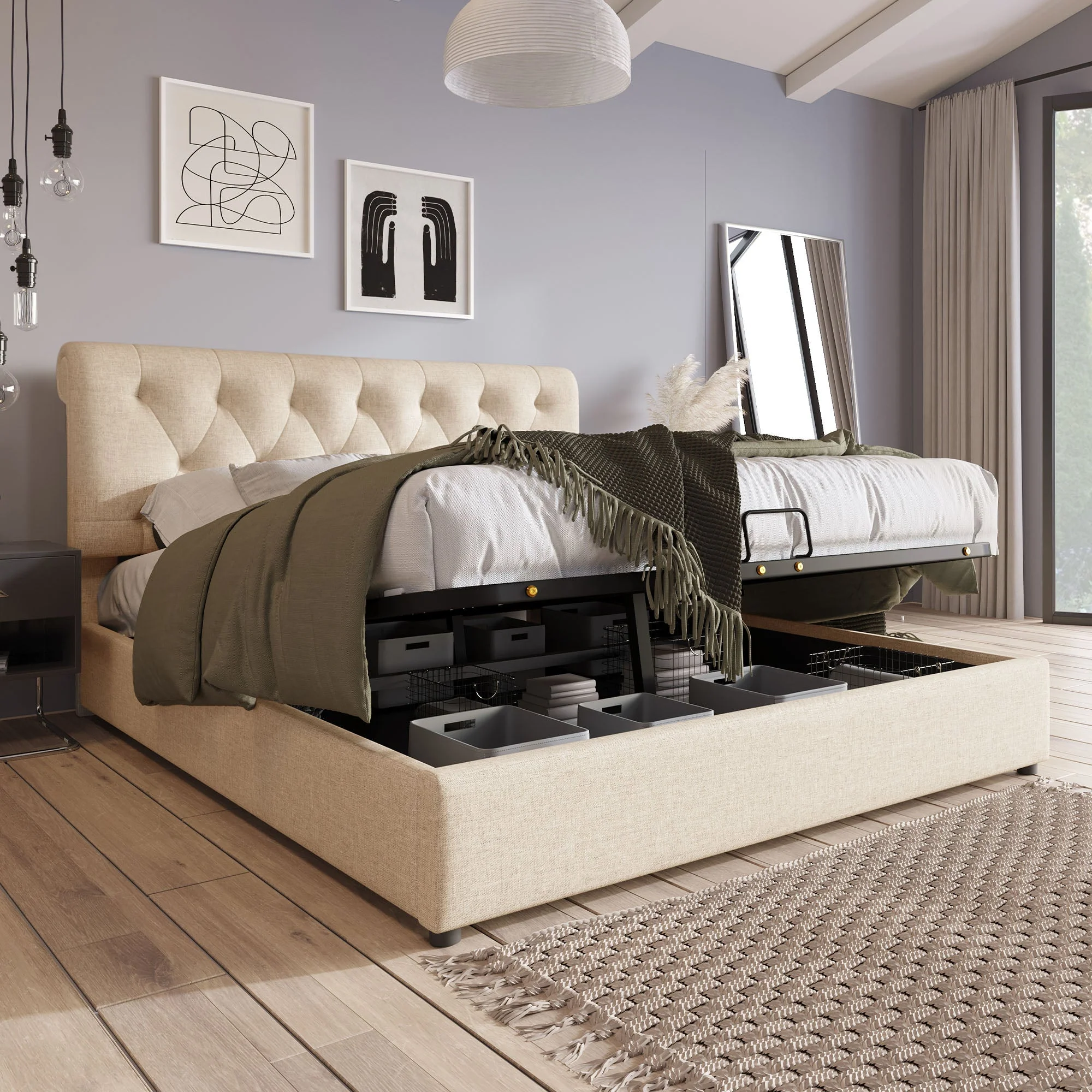 Hydraulic Upholstered Bed, 140x200cm Adjustable Headboard with Storage, Natural - Image 2