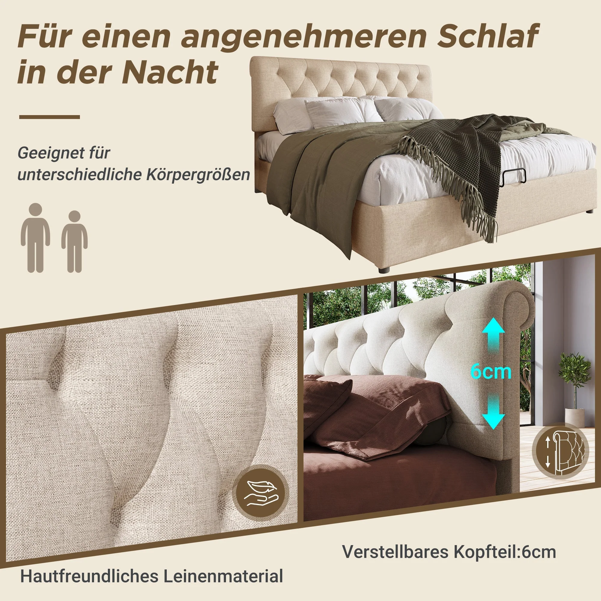 Hydraulic Upholstered Bed, 140x200cm Adjustable Headboard with Storage, Natural - Image 5