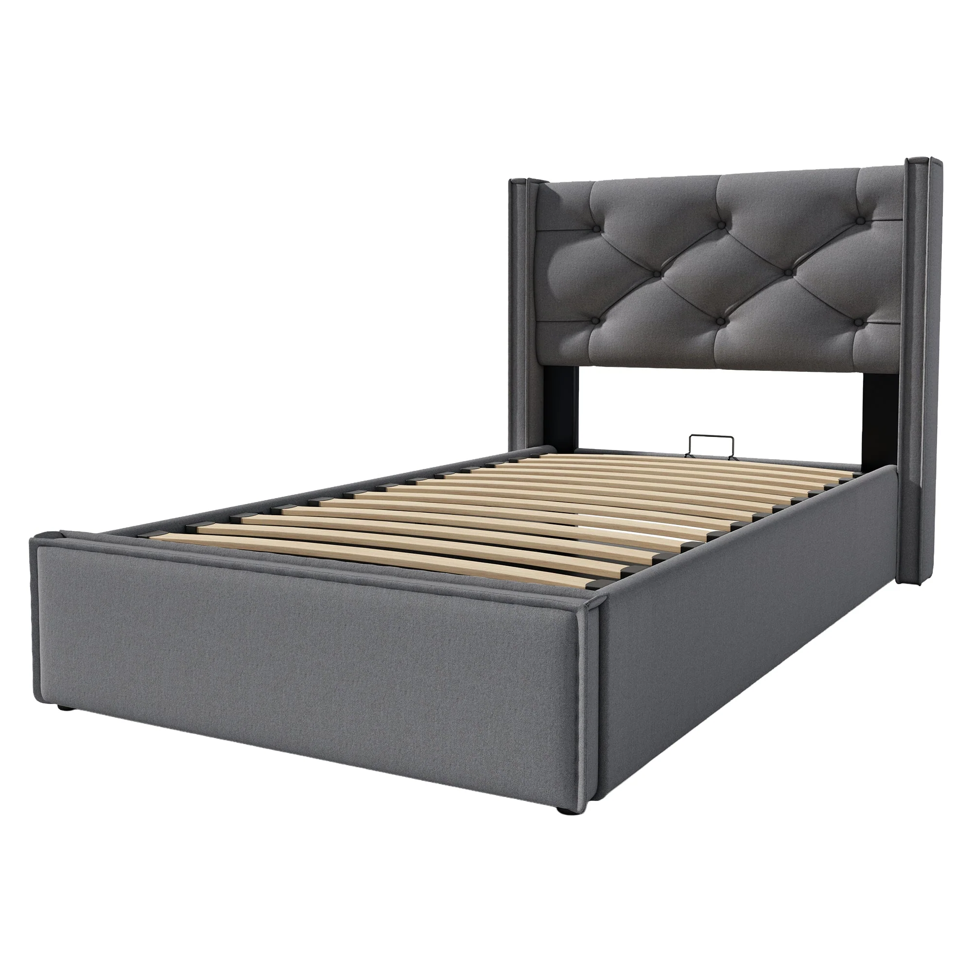 Hydraulic Upholstered Bed, Single 90x200cm with Storage, Grey Cotton - Image 5