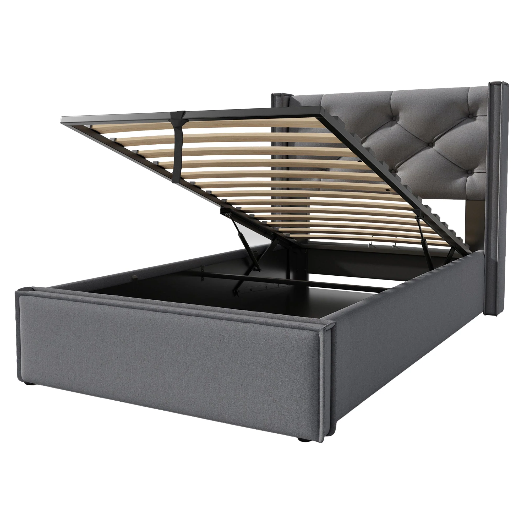 Hydraulic Upholstered Bed, Single 90x200cm with Storage, Grey Cotton - Image 6