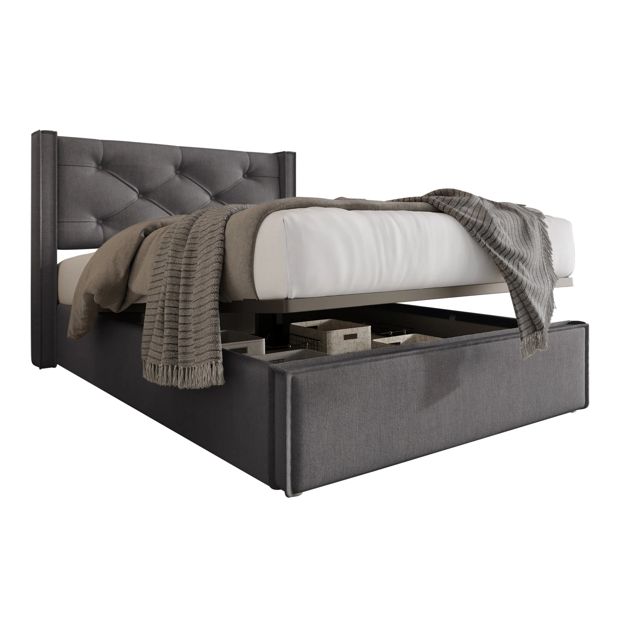 Hydraulic Upholstered Bed, Single 90x200cm with Storage, Grey Cotton - Image 8