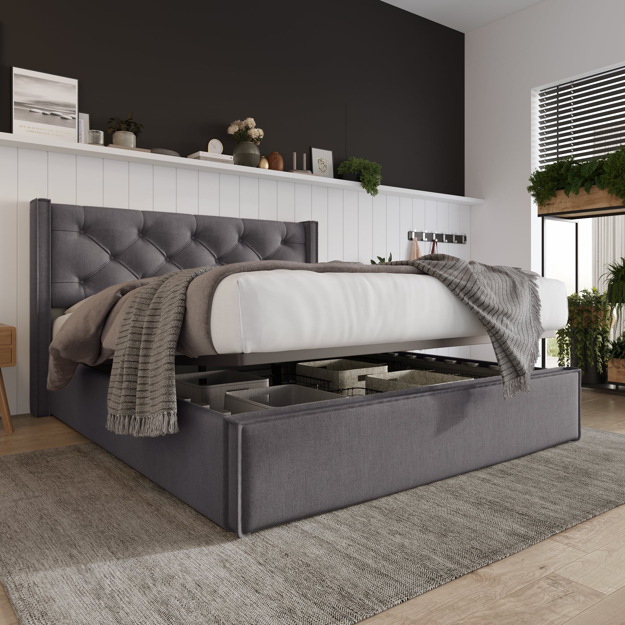 Hydraulic Upholstered Double Bed, 160x200cm, Metal Slatted Frame with Storage, Grey Cotton - Image 4