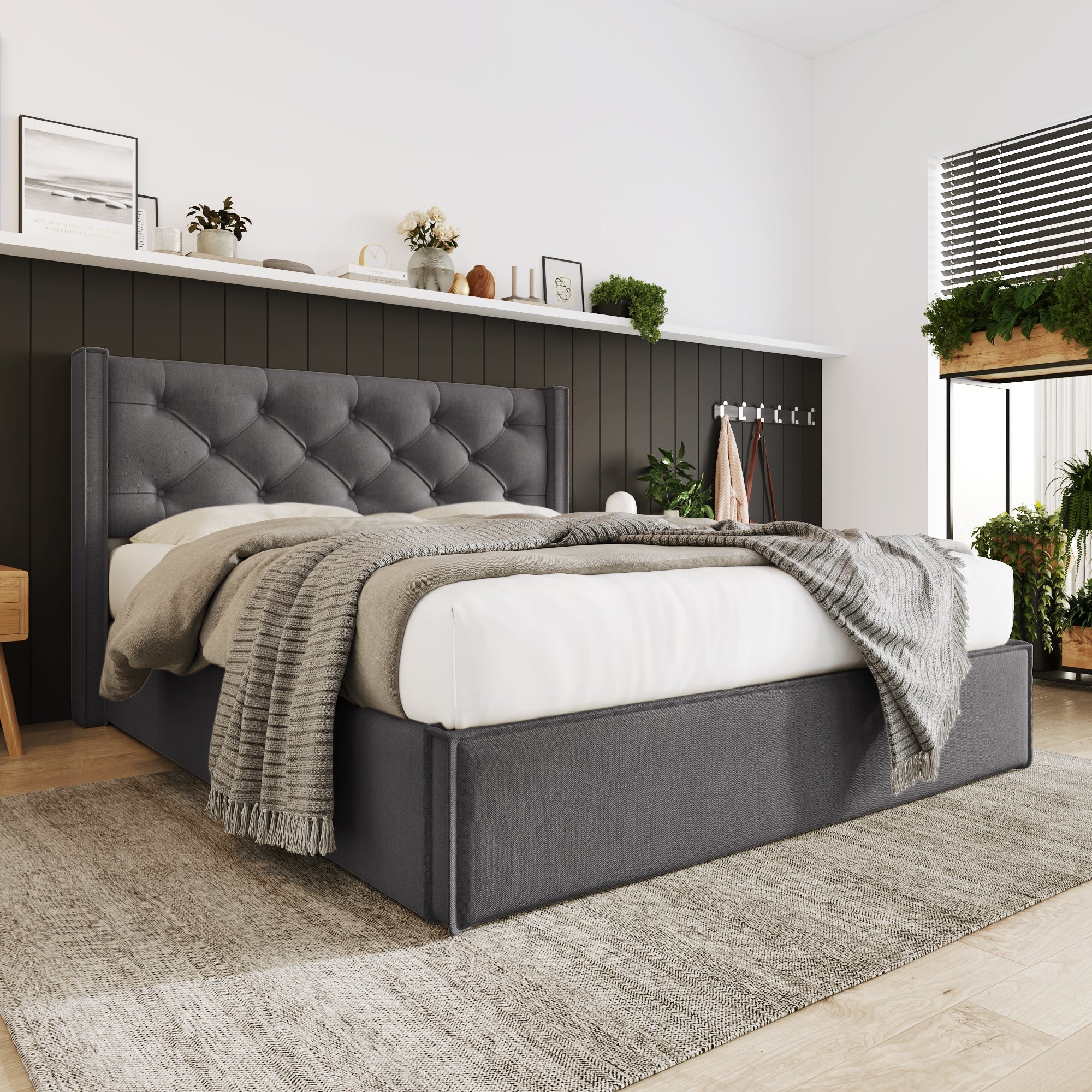 Hydraulic Upholstered Double Bed, 160x200cm, Metal Slatted Frame with Storage, Grey Cotton - Image 7