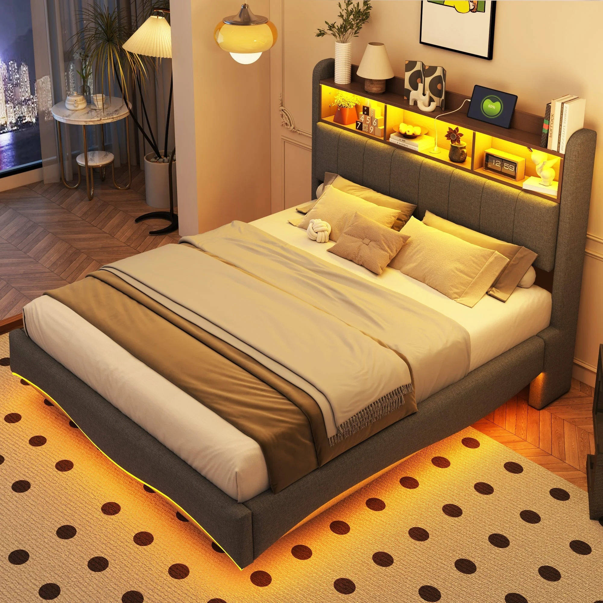 Upholstered Bed with LED Lighting, USB & Type-C Ports, and Headboard Storage, Grey - Image 5