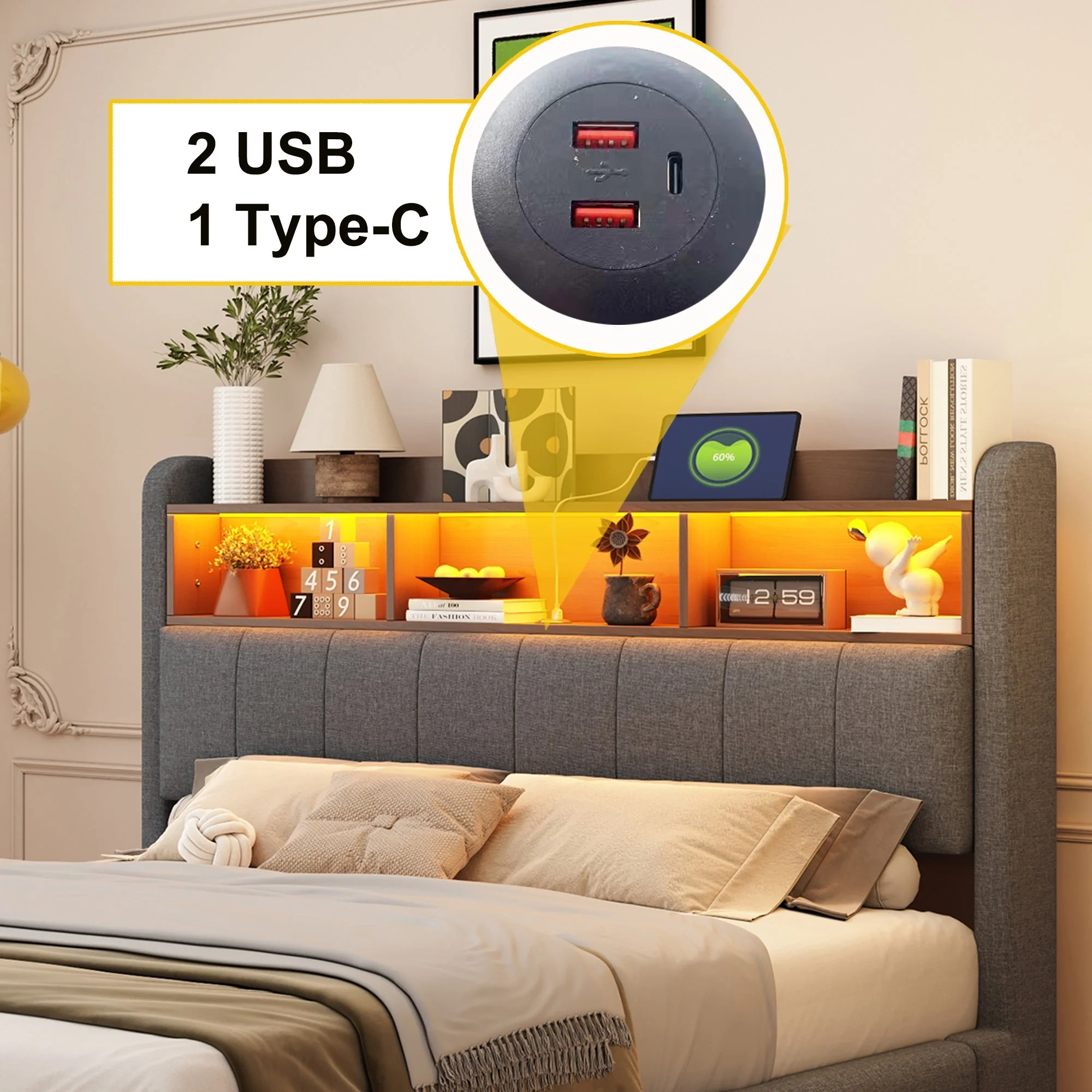 Upholstered Bed with LED Lighting, USB & Type-C Ports, and Headboard Storage, Grey - Image 6