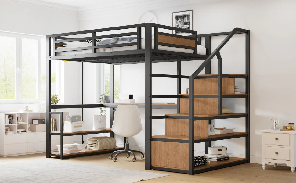 Metal Loft Bed with Desk, Shelves & Storage for Kids - Image 5