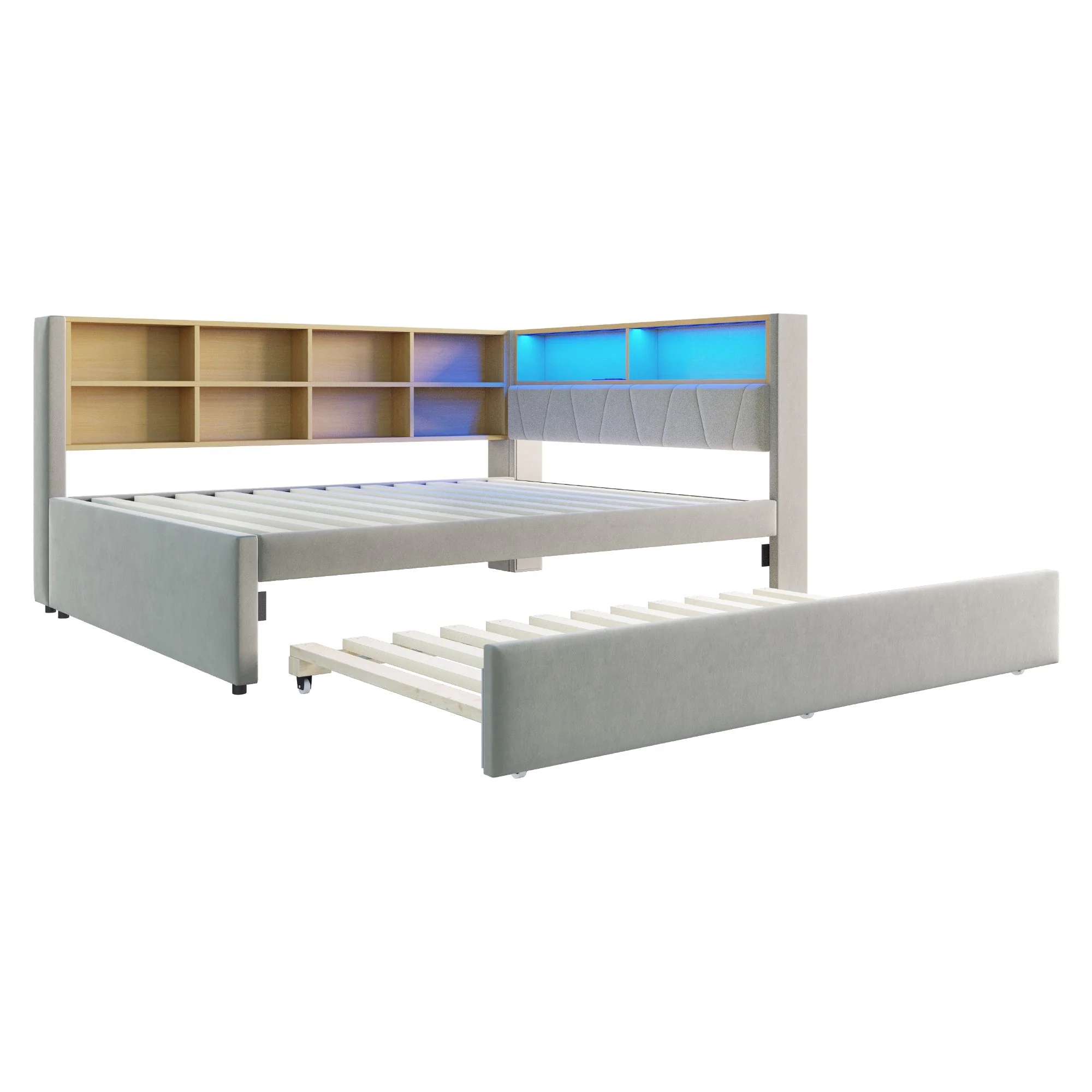 Solid Wood Sofa Bed with Pull-Out Bed, USB Ports & Storage, Grey - Image 8